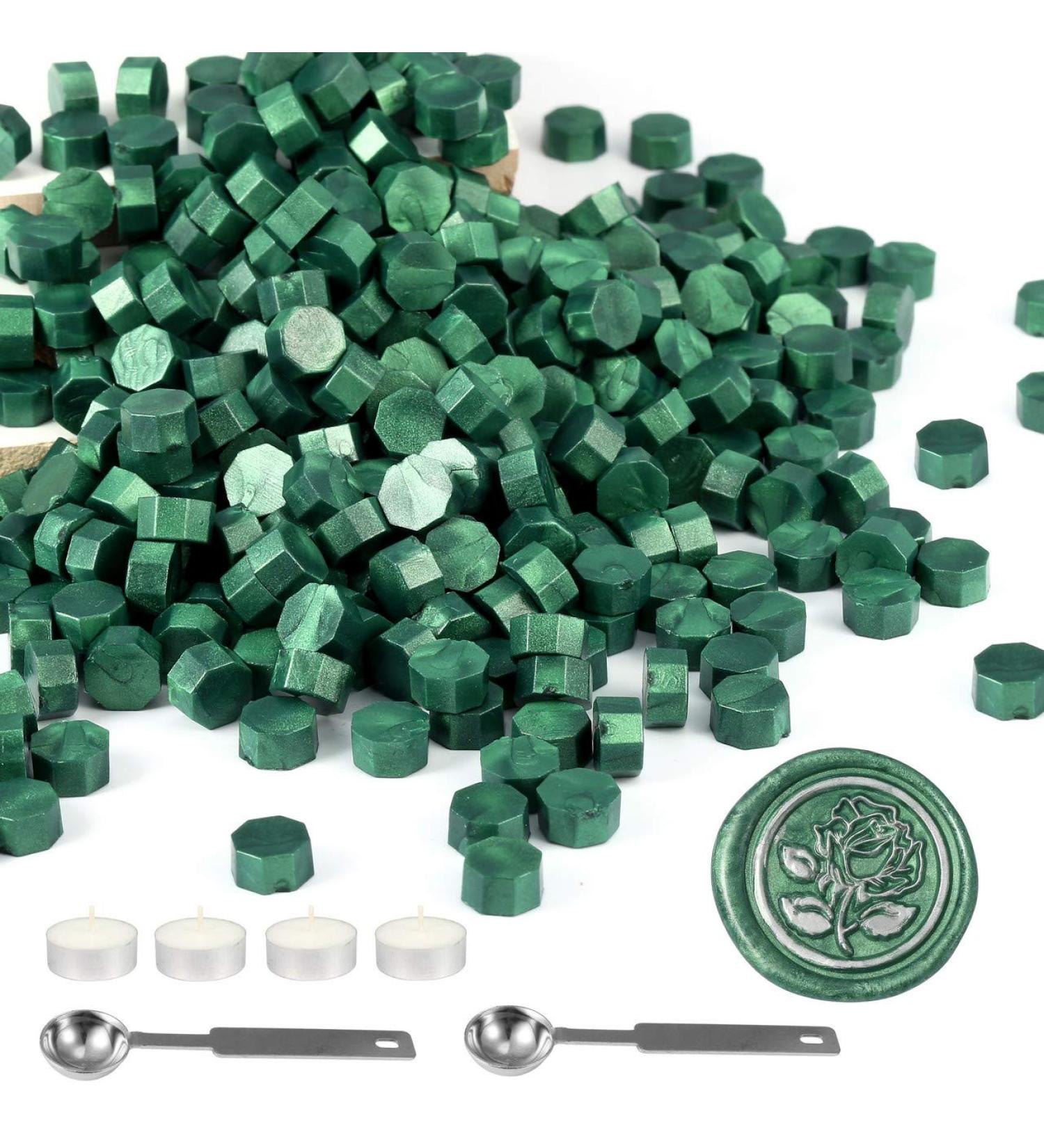 Mornajina Metallic Green Sealing Wax Beads Kit - 360 Pieces Octagon Wax Beads with Stamp Melting Spoons and Candles - Buy Online on GoSupps.com