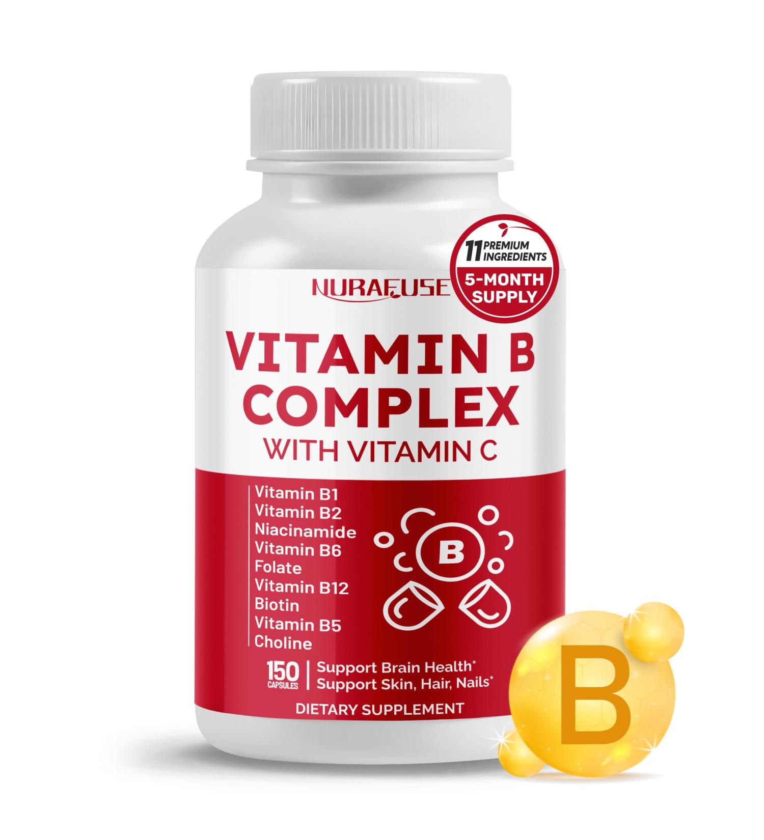 Vitamin B Complex Vitamin B1 B2 6,9,12 Niacin with Vitamin C - Support Brain Health Energy Levels Skin Hair and Nails - Made and Tested in The USA 150 count (pack of 1) - Buy Online on GoSupps.com