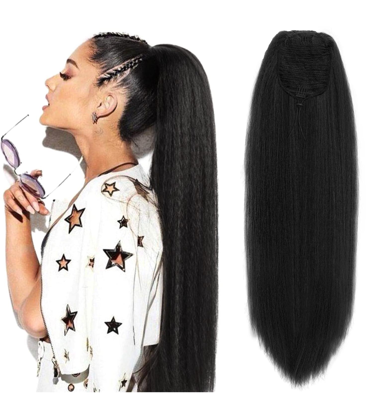 Kinky Straight Ponytail Extension for Black Women Yaki Straight Ponytails Synthetic Hair Extensions 28 Inch (1B Black) 28 inches #1B - Buy Online on GoSupps.com