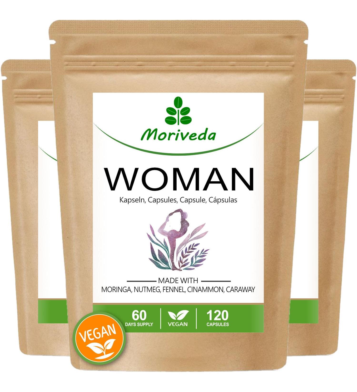 Moringa Woman capsules 500mg especially for women cycle balance menopause 6 months supply moringa cinnamon caraway fennel nutmeg natural and vegan 360 pieces by MoriVeda - Buy Online on GoSupps.com
