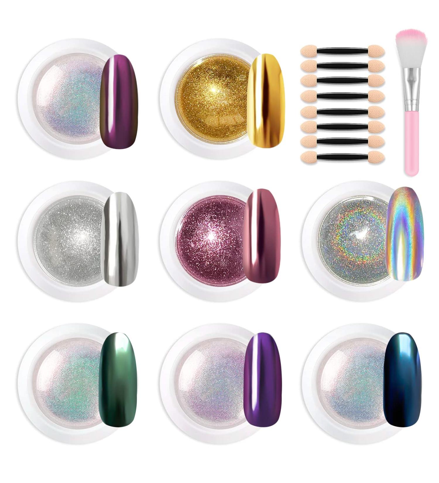 Lofuanna Chrome Nail Powder Set - 8 Colors Mirror Effect Holographic Pearl Iridescent Glitter Manicure Kit | Nail Art Deco with Eyeshadow Sticks and Dust Brush - 1g/0.5g Jar - Buy Online on GoSupps.com