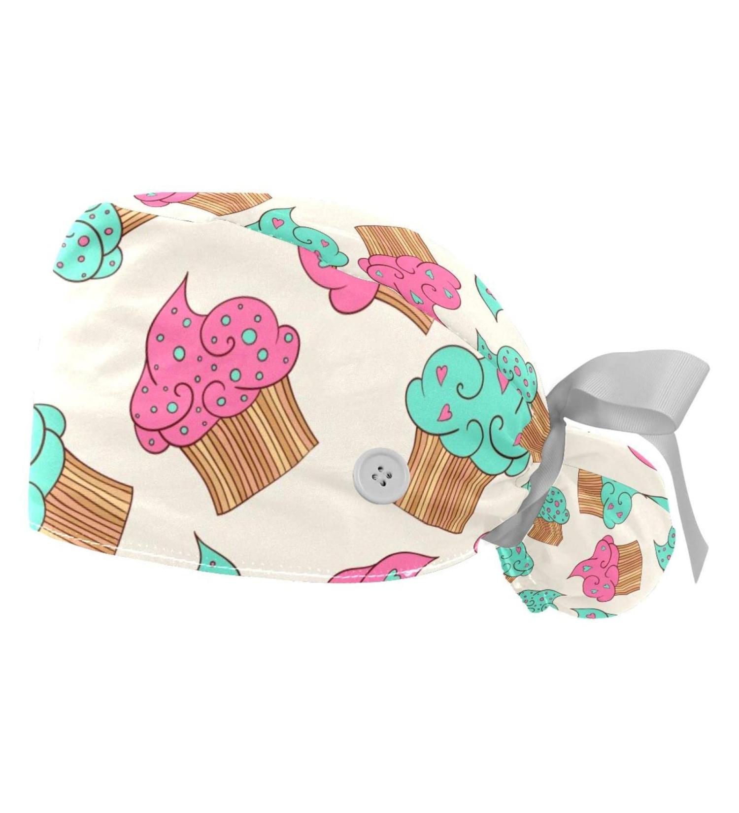 2Pcs Colorful Cupcakes Nurse Scrub Caps for Women with Button and Sweatband - Buy Online on GoSupps.com