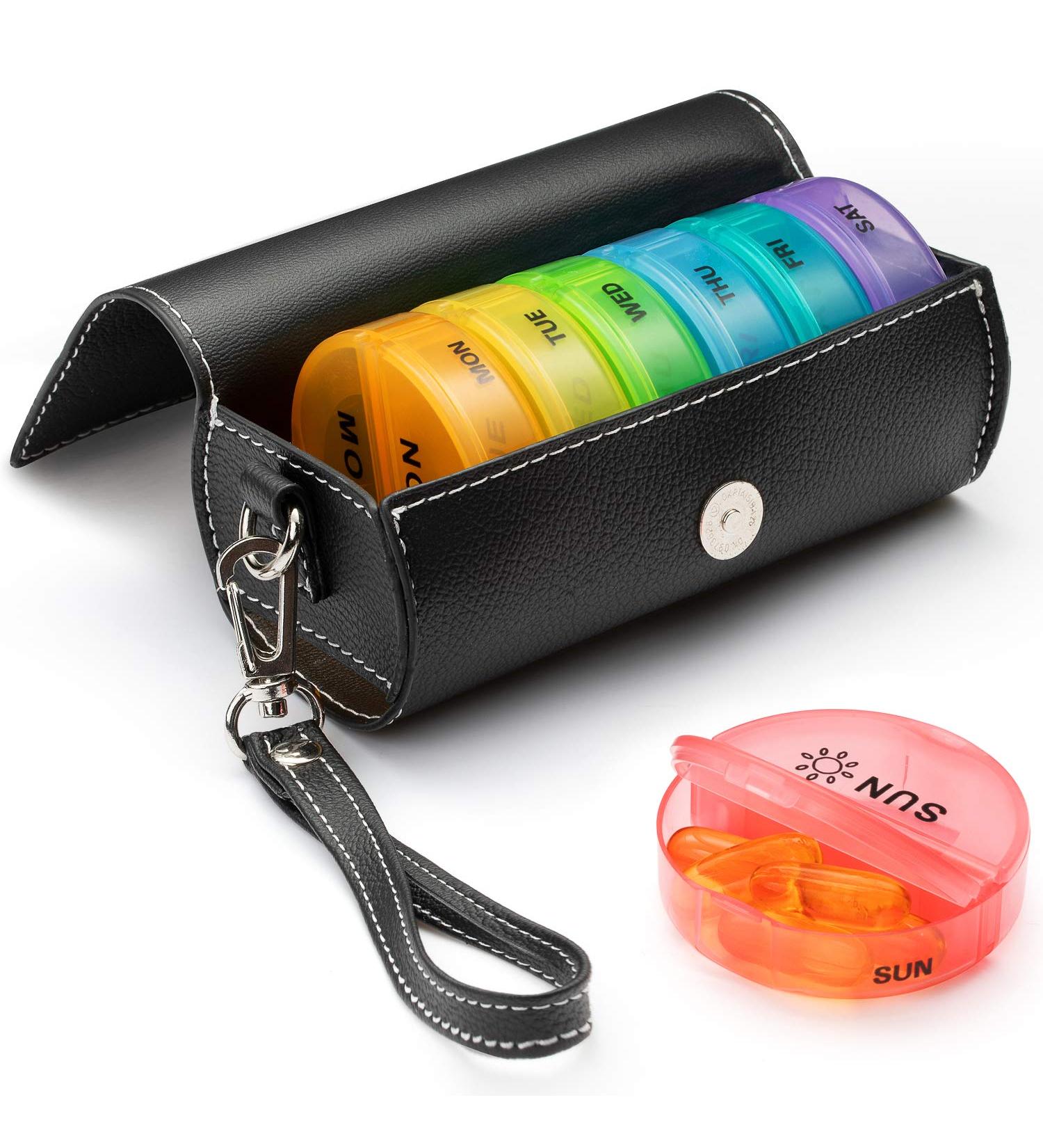 Large Weekly Pill Organizer with PU Leather Case - 2 Times a Day AM PM Round Medicine Organizer for Travel - 7 Day Pill Container for Vitamins and Supplements - Buy Online on GoSupps.com