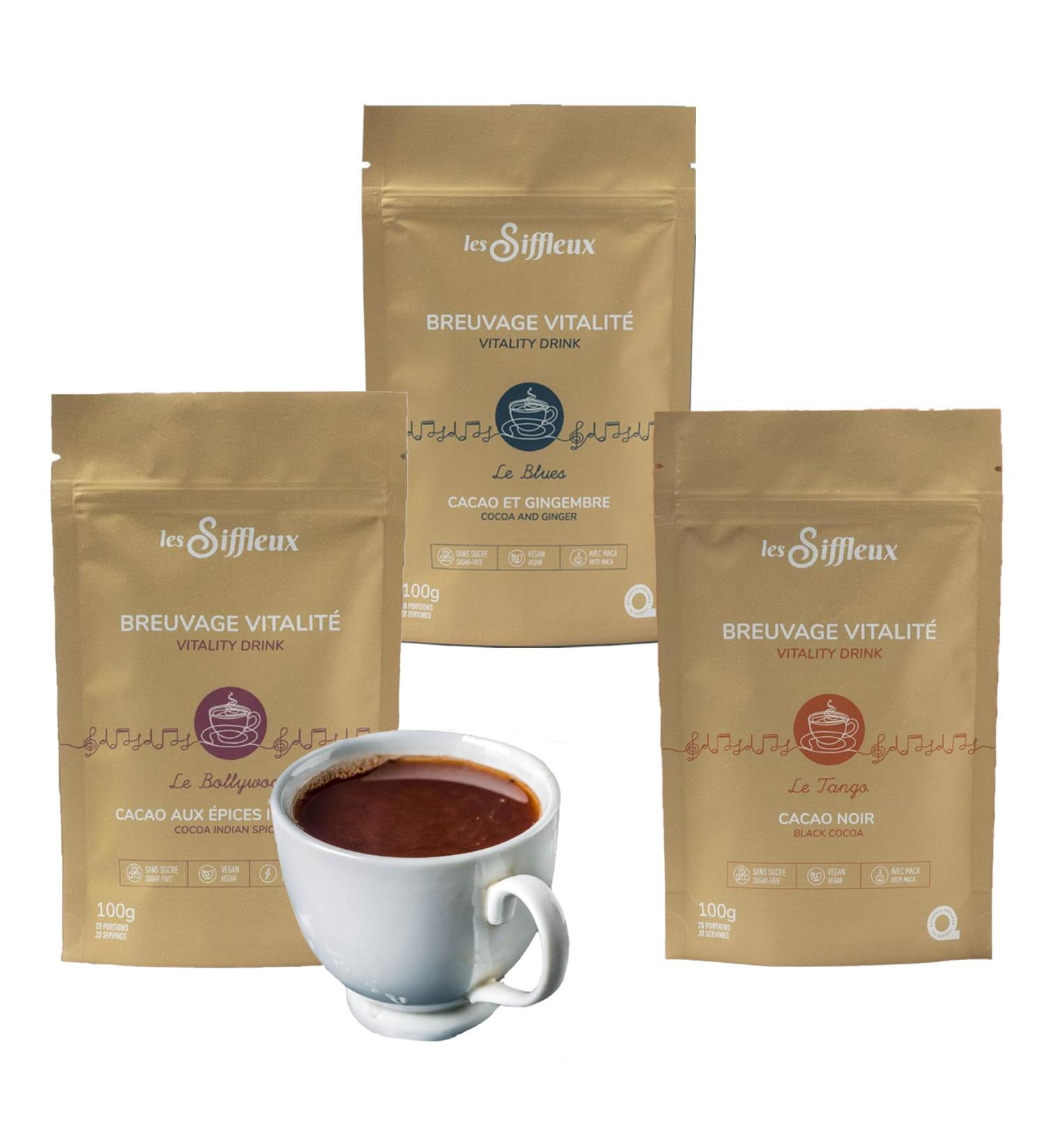 LES SIFFLEUX Hot Chocolate Vitality Drink - Discovery Bundle (3-Pack) - Trio Includes our Cacao Blends Blues Tango and Bollywood (3 x 100g) - Caffeine-Free Sugar-Free Vegan Cocoa Blend - Buy Online on GoSupps.com