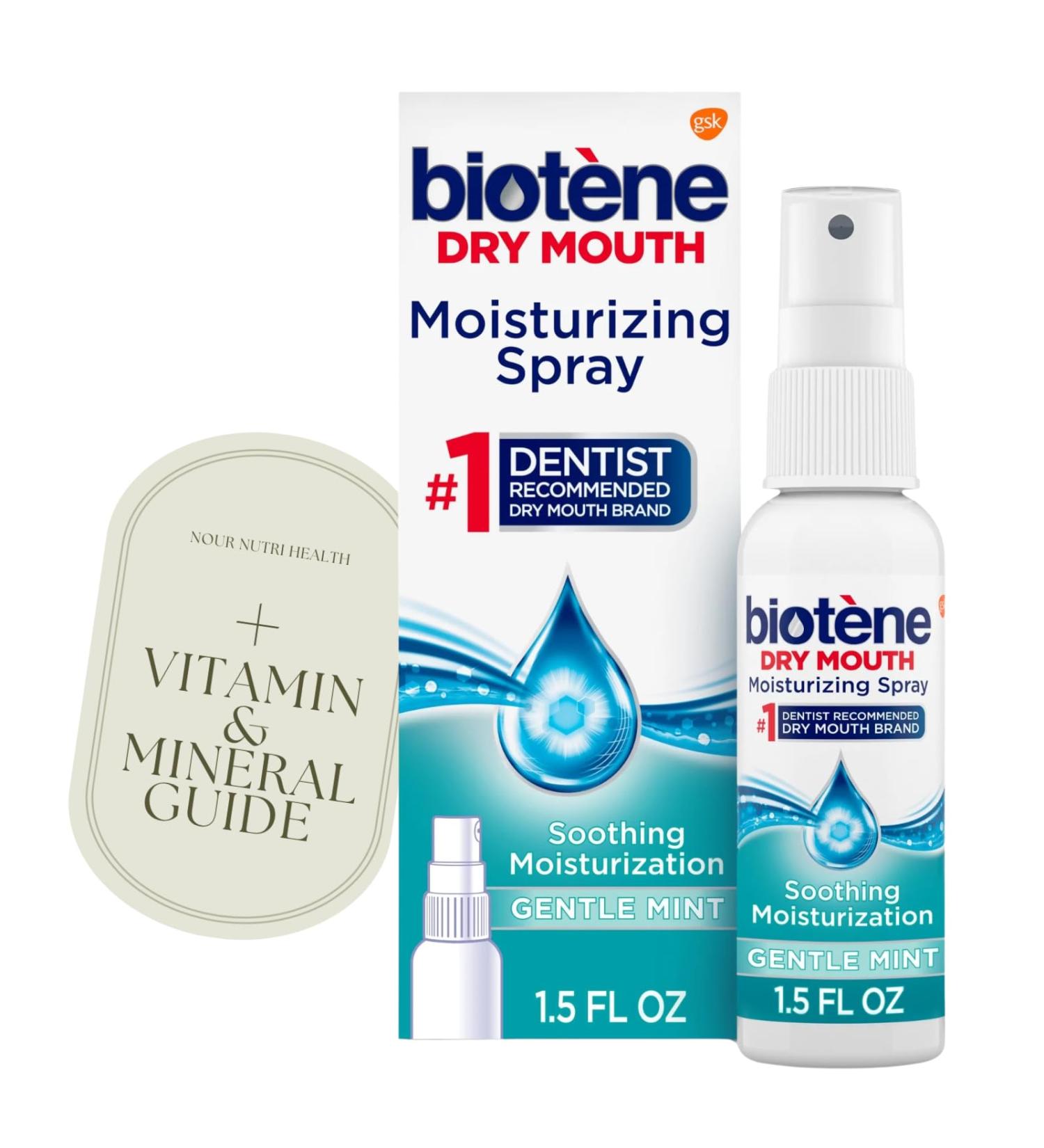 Nour Nutri Health 1 Pack of Biotene Moisturizing Dry Mouth Spray Moisturizing Spray for Dry Mouth and Bad Breath Gentle Mint - 1.5 fl oz + Vitamin and Mineral Exclusive Guide - Buy Online on GoSupps.com