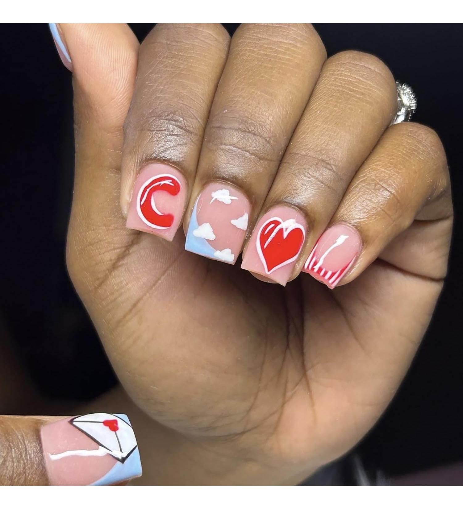 Valentine s Day Press On Nails | Short Square Fake Nails with Red Heart Design - 24Pcs Acrylic Glossy Stick On Nails for Women - Buy Online on GoSupps.com