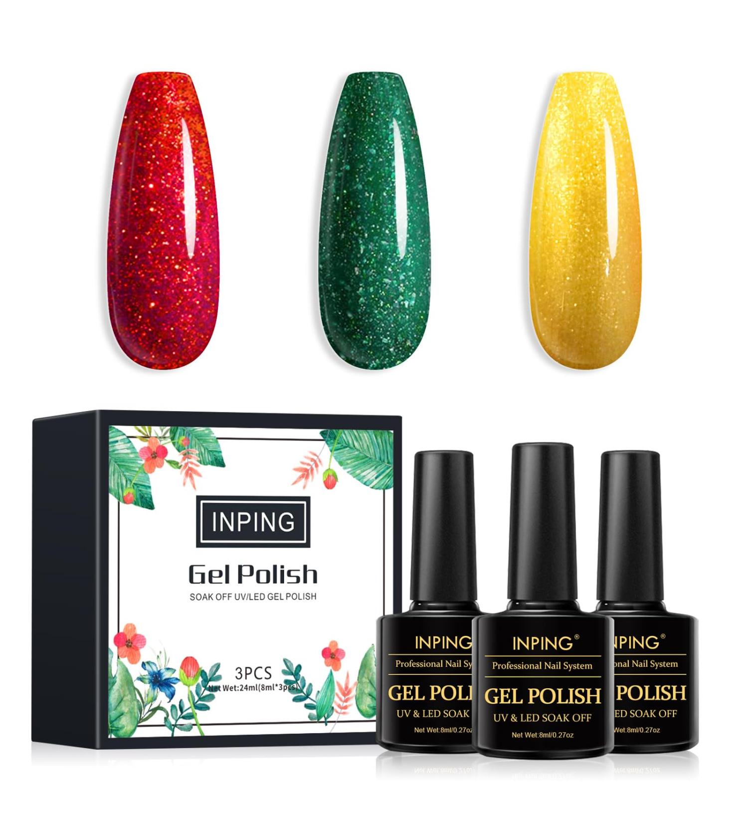 INPING Christmas Gel Polish Set - Santa Red Green Gold Xmas Nail Polish - UV/LED Soak Off - Glitter Long-lasting Gift - 3 PCS x 8ml/0.27oz - Buy Online on GoSupps.com