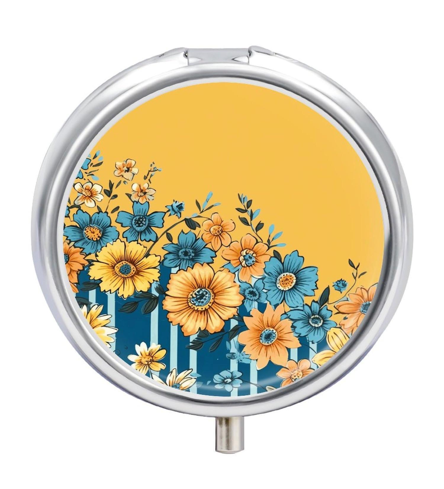 Buy Round Yellow & Blue Floral Print Pill Box - 3 Compartment Portable Medicine Organizer | Decorative Metal Pill Case - Buy Online on GoSupps.com