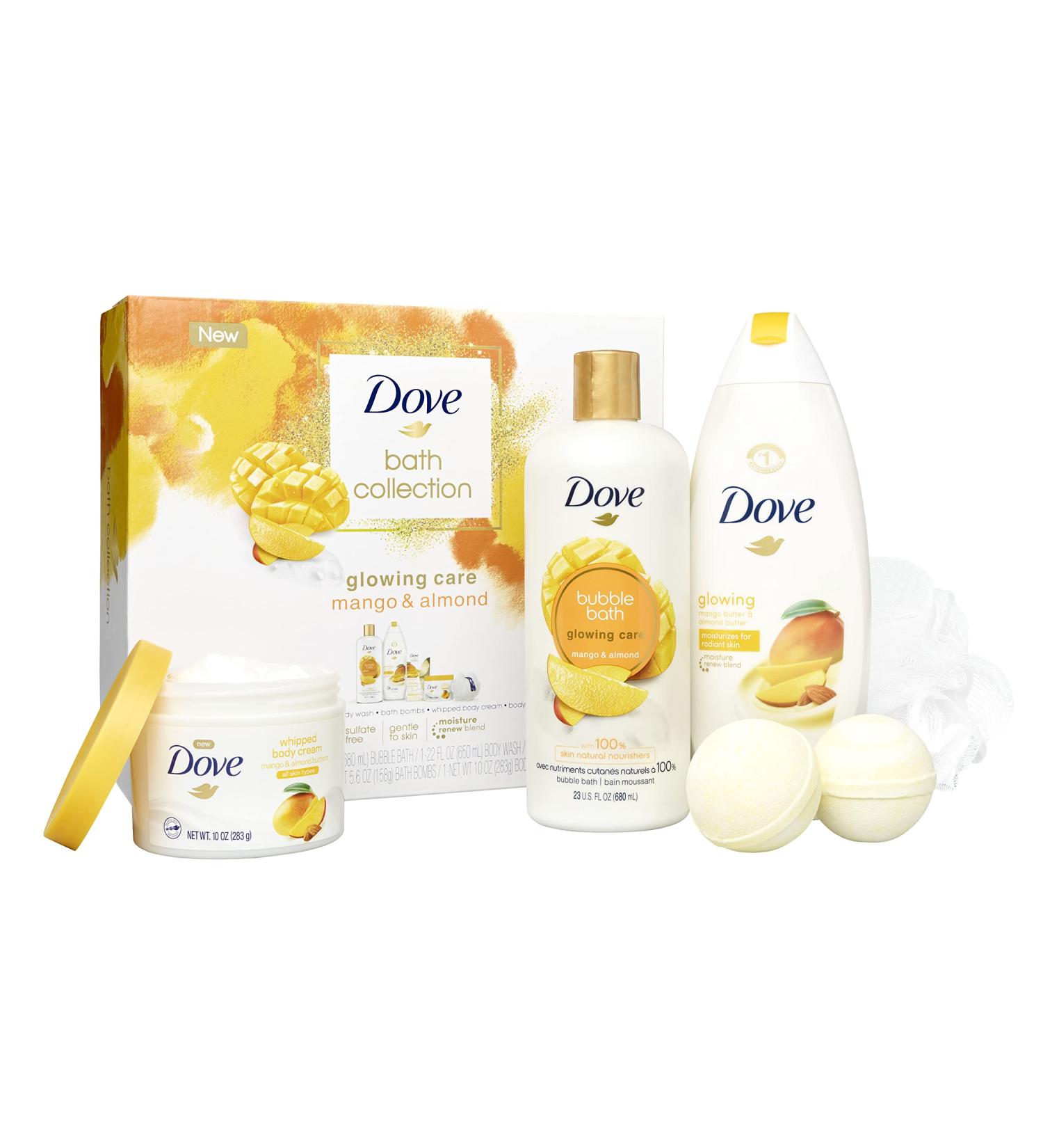 Dove Mango & Almond Bath and Body Gift Set - Perfect Spa Gift for Women | Body Wash, Bubble Bath, Bath Bombs, Whipped Body Cream, Loofah | Cruelty-Free Skincare | Ideal Birthday Gift for Moms - Buy Online on GoSupps.com