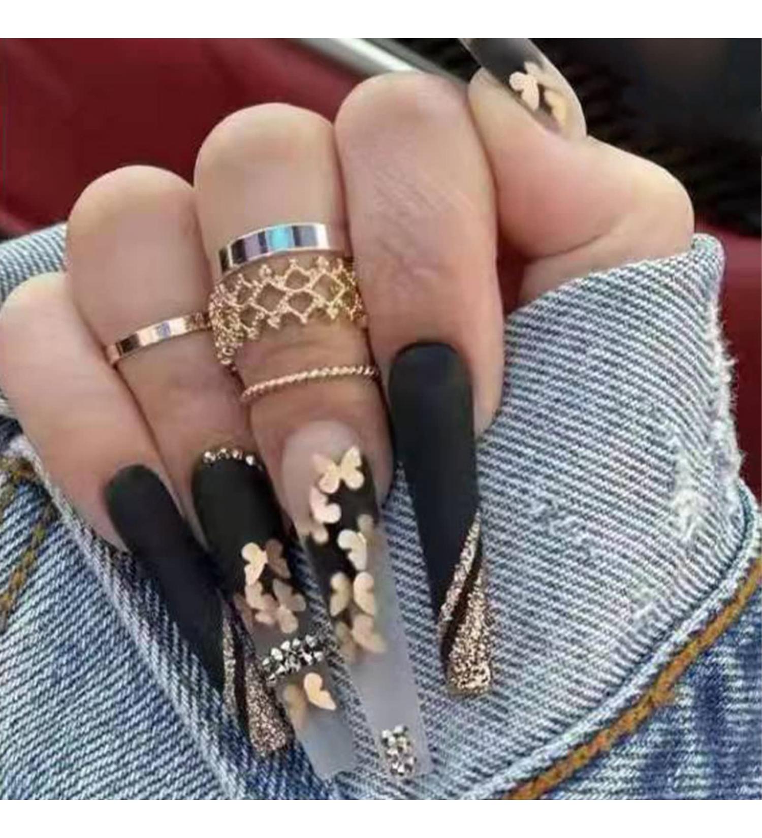 24 Pcs Long Press On Nails Set - Black Butterfly Design | Acrylic False Coffin French Ballerina Nails for Women and Girls - Buy Online on GoSupps.com