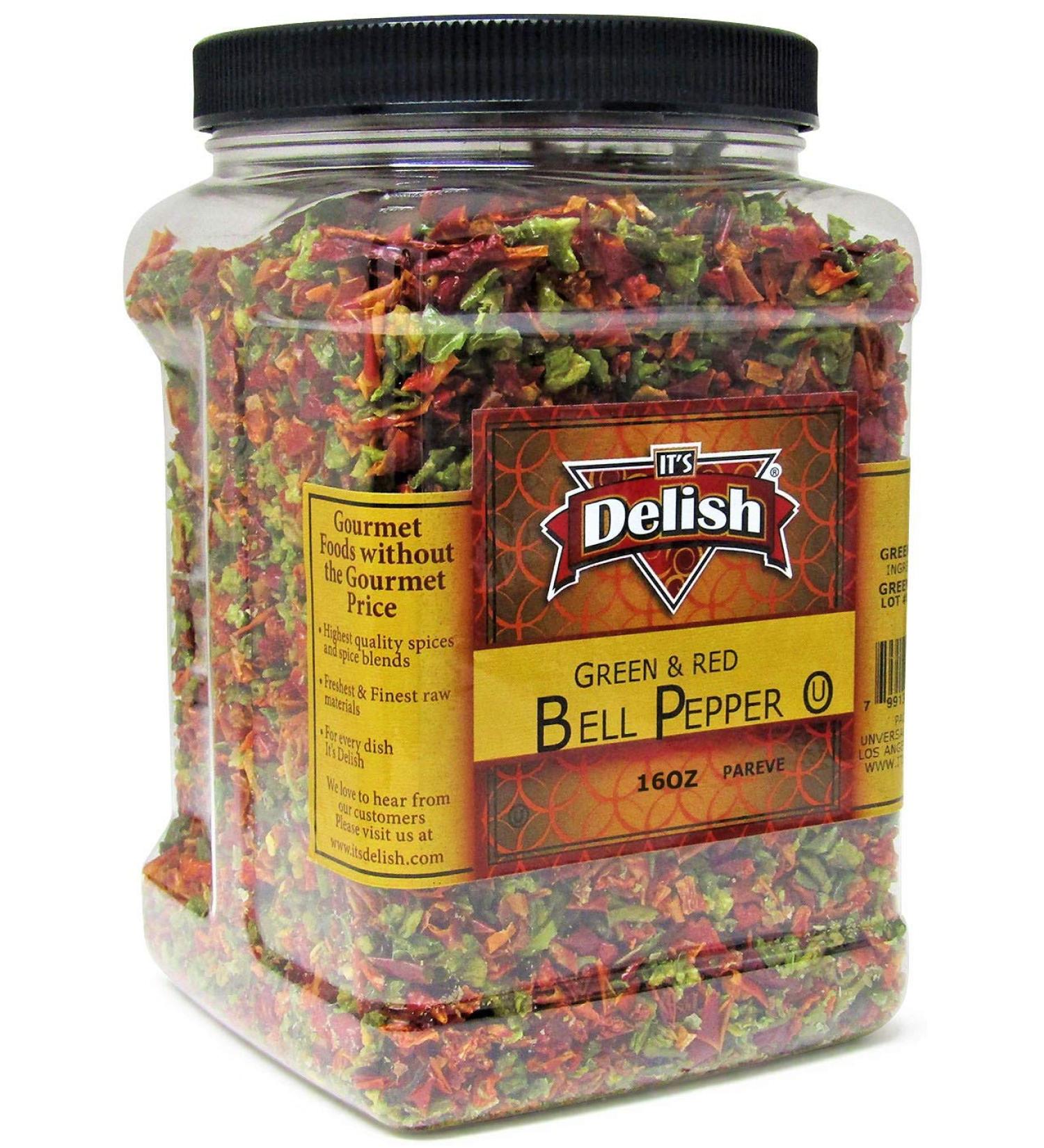 Dehydrated Dried Red and Green Bell Pepper Mix by It's Delish - 16 Oz Jumbo Container | Chopped & Dried Vegetable Spice Seasoning - Buy Online on GoSupps.com