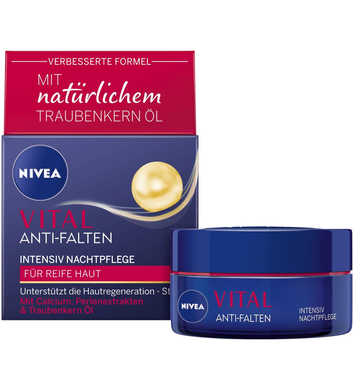 NIVEA Vital Intensive Night Cream (50 ml) Rich Moisturiser with Calcium Pearl Extracts and Natural Grape Seed Oil Regeneration of the Skin Overnight Anti-Wrinkle Night Cream - Buy Online on GoSupps.com