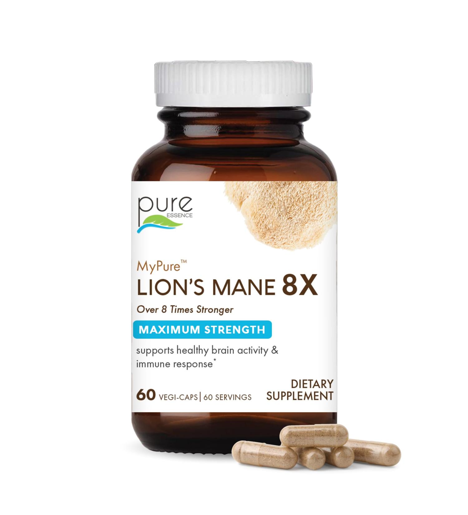 PURE ESSENCE LABS MyPure Lion's Mane 8X - Max Strength Brain Support with 100% Fruiting Body Organic Lion's Mane for Ultimate Cognitive Performance, Focus, and Mental Clarity, 60 Capsules - Buy Online on GoSupps.com