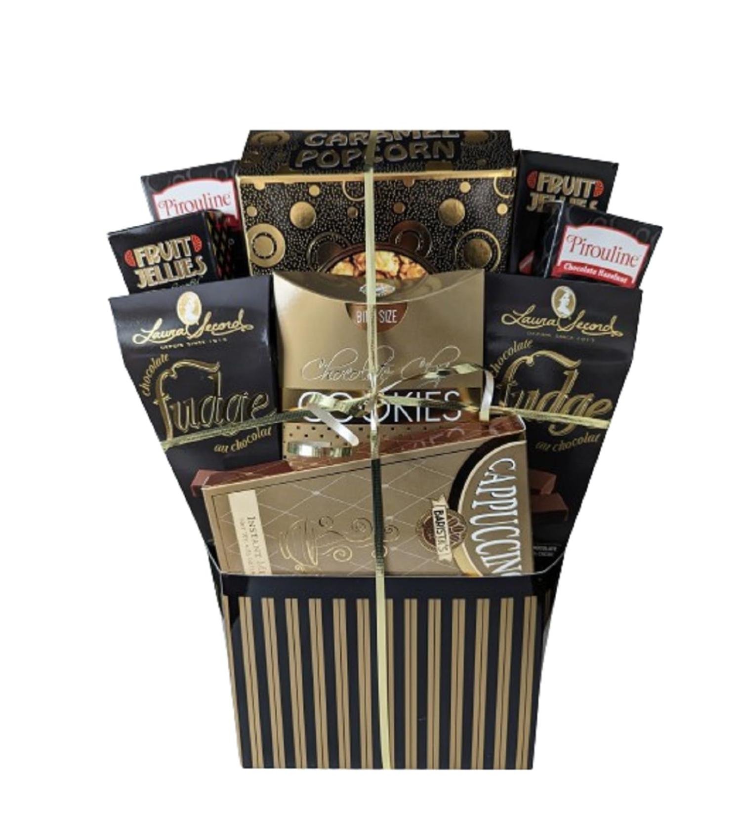 Golden Impression Gift Basket - Indulge in a symphony of flavors with our Opulent Gift Ensemble. Delight in caramel popcorn chocolate chip cookies savory bar mix delicious chocolate and tasty Fruit Jellies. Elevate your gift-giving with this curated gourm - Buy Online on GoSupps.com
