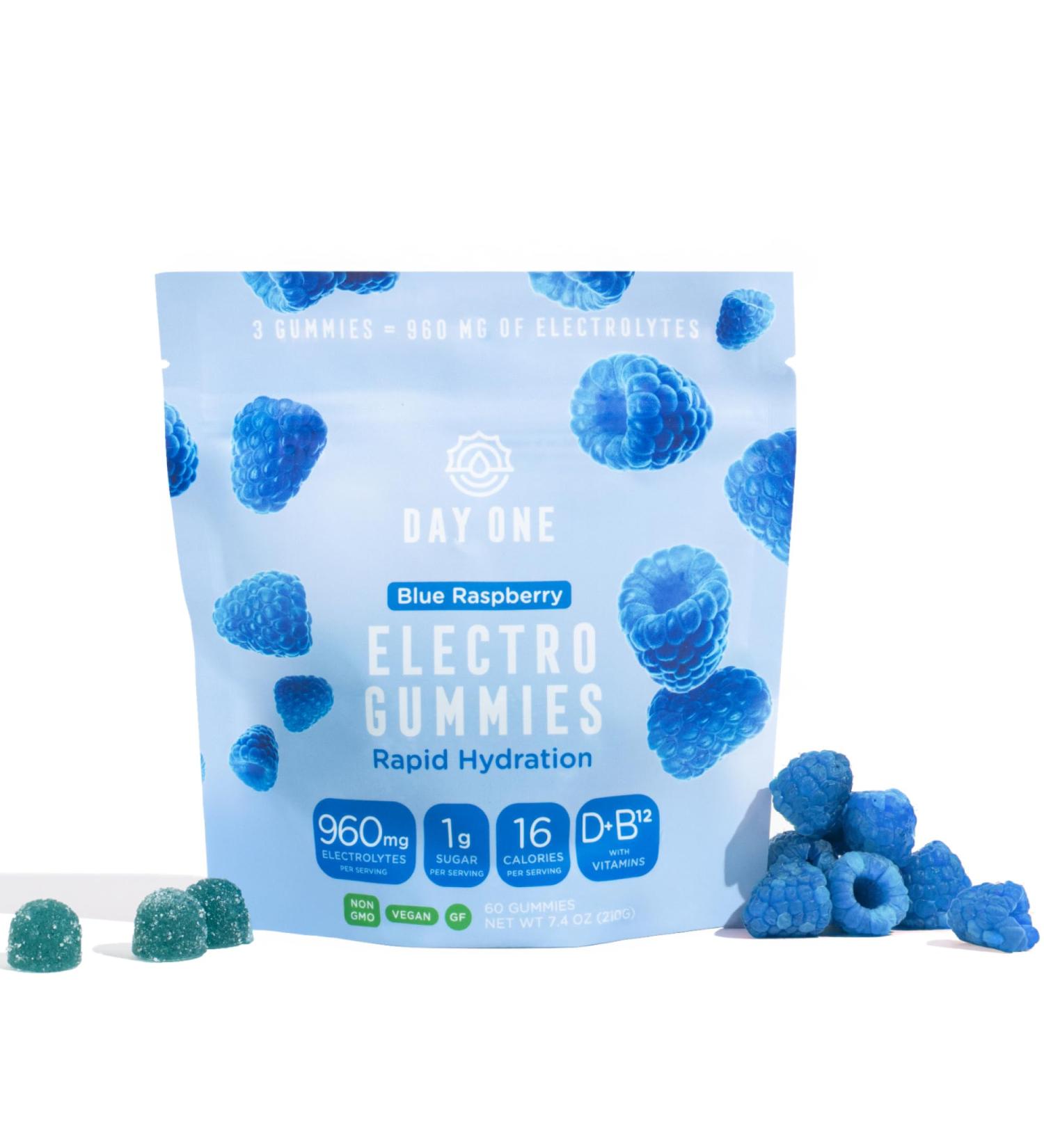 Day One Electrogummies - 60pcs of Blue Raspberry Flavored Electrolyte Gummies for Hydration and Recovery - Packed with Essential Electrolytes Ideal for Workouts Running Hiking and More Blue Raspberry 60 Count (Pack of 1) - Buy Online on GoSupps.com