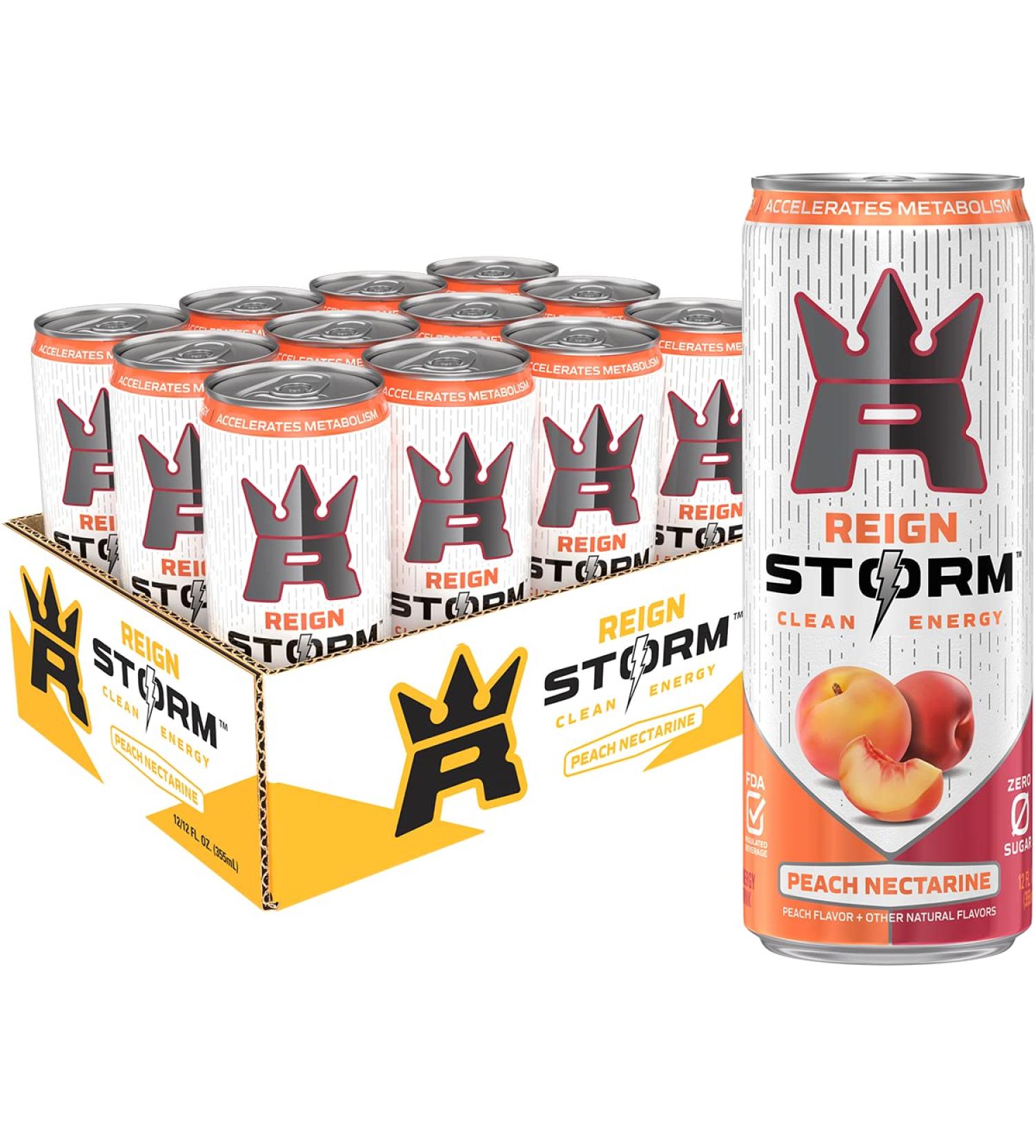 REIGN Storm Peach Nectarine Fitness & Wellness Energy Drink 12 Fl Oz - Pack of 12 - Buy Online on GoSupps.com