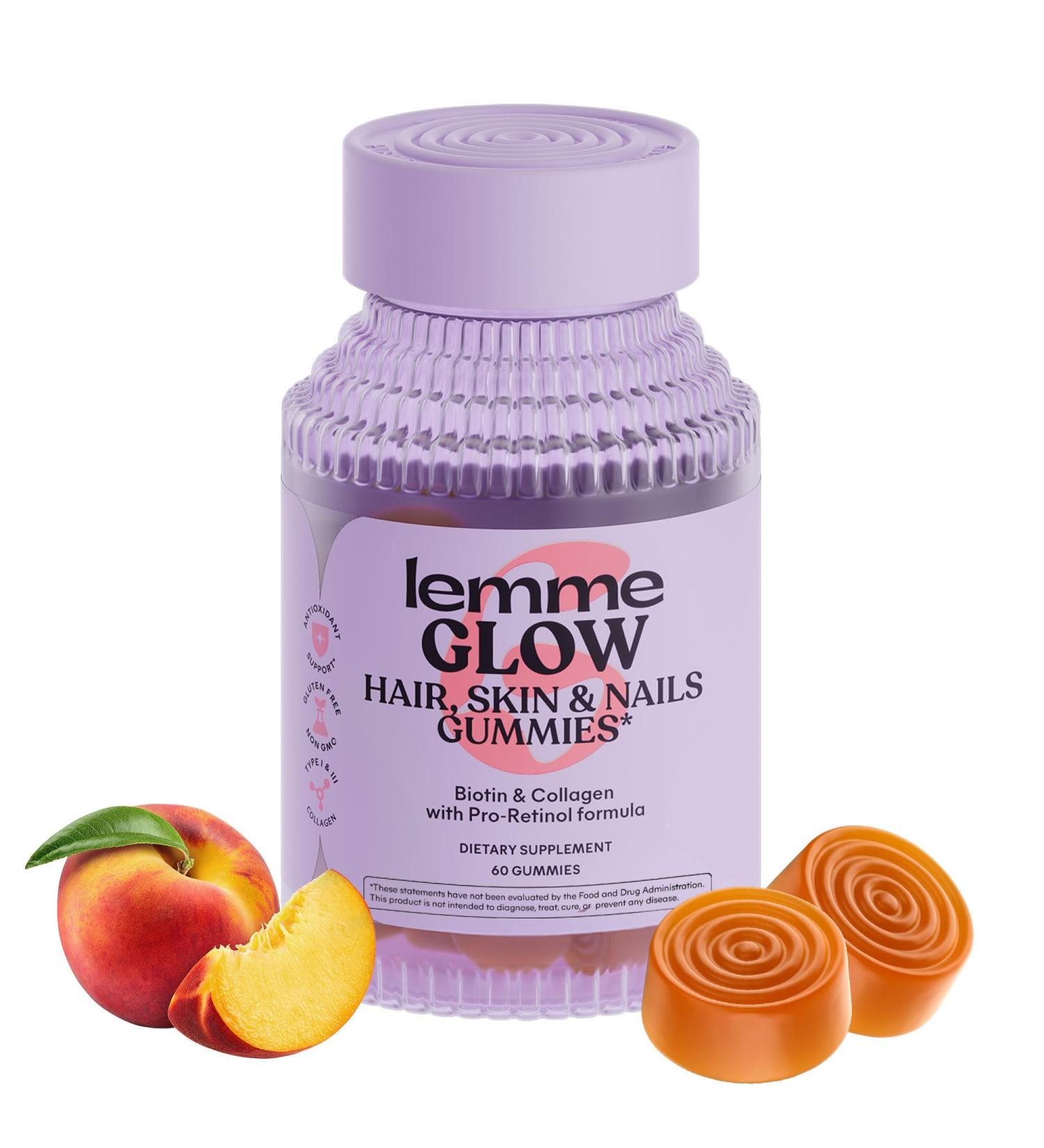 Lemme Glow Collagen Gummies for Thick Hair Strong Nails & Healthy Skin with Multi-Collagen Peptides Biotin Trace Minerals Zinc Vitamins A C & E Dairy & Gluten Free Peach Flavor 60 ct. - Buy Online on GoSupps.com