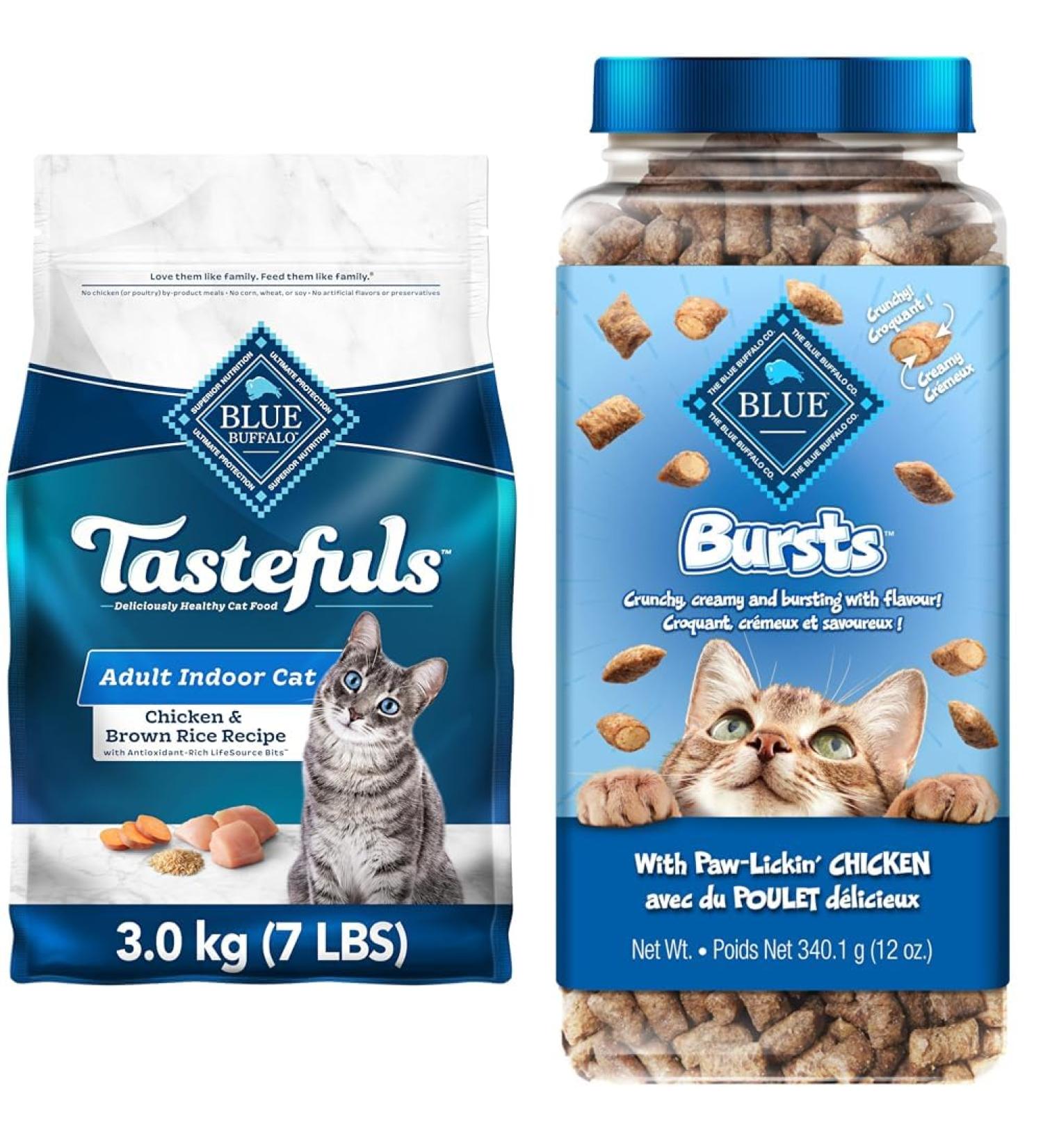Blue Buffalo Indoor Health Natural Adult Dry Cat Food Chicken and Brown Rice 3.1kg bag - Medium Bag kibble & Bursts with Paw-Licken Chicken Cat Treats 340g tub - Buy Online on GoSupps.com