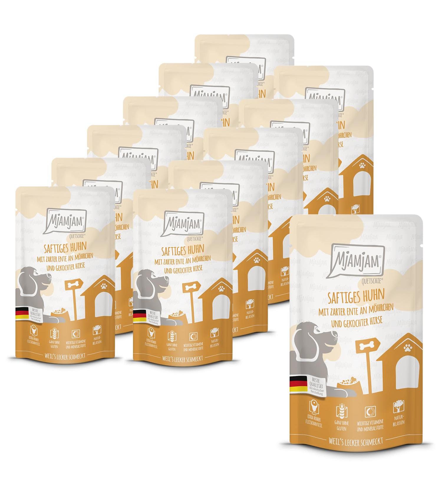 MjAMjAM - Premium wet food for dogs - Quetschie - juicy chicken meat and tender duck accompanied by carrots and cooked millet pack of 12 (12 x 125g)