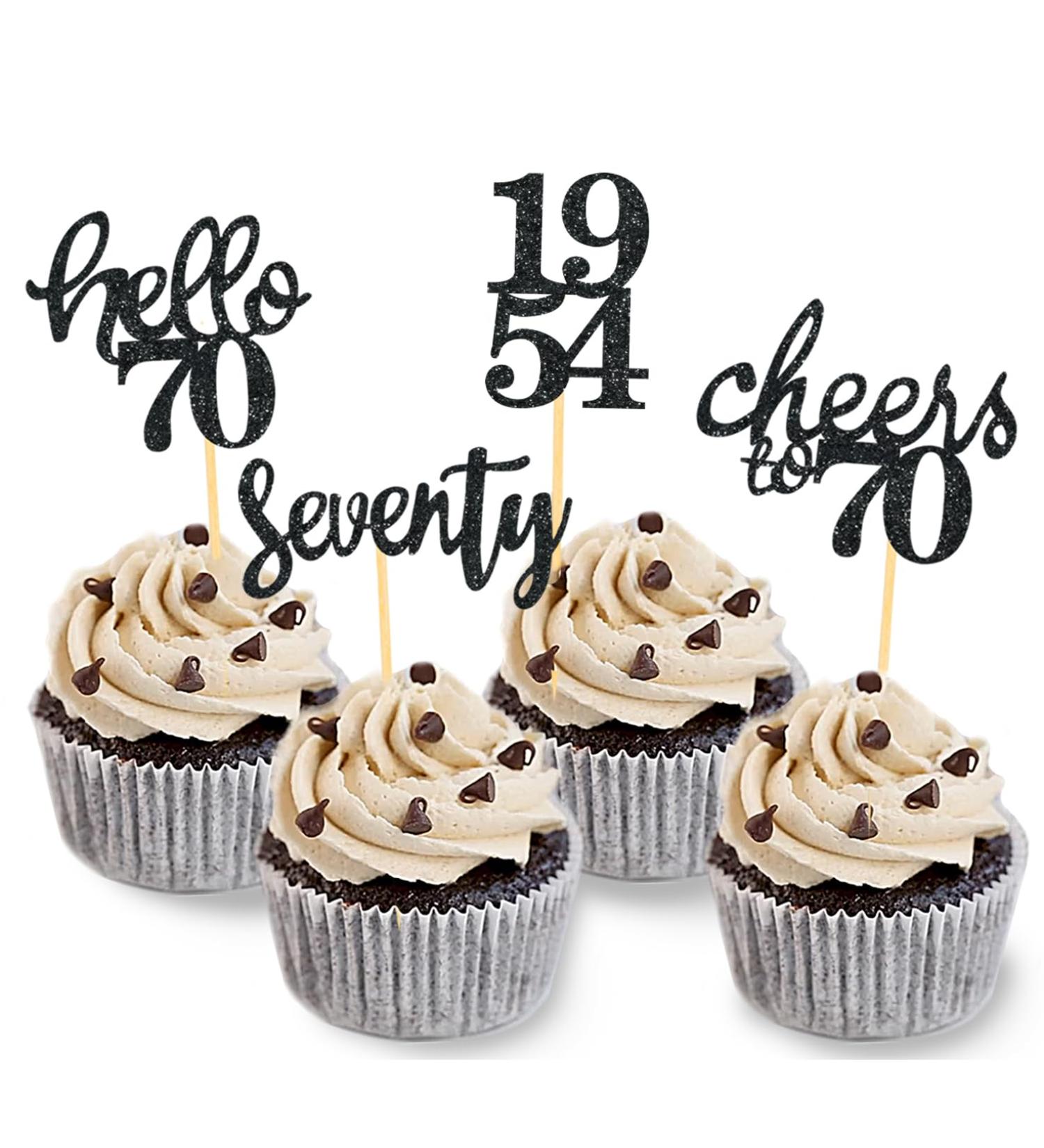 24 Pieces Glitter 70th Birthday Cupcake Toppers | 70th Birthday Decorations | 1954 Theme Party Accessories | Black Cake Decor - Buy Online on GoSupps.com