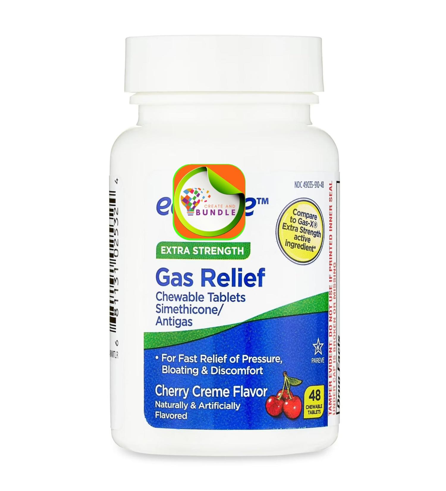 Gas Extra Strength Chewable Tablets with Simethicone 125 mg Fast Gas & Bloating Relief Cherry CremebFlavor 48 Count (Pack of 1) + Create Sticker - Buy Online on GoSupps.com