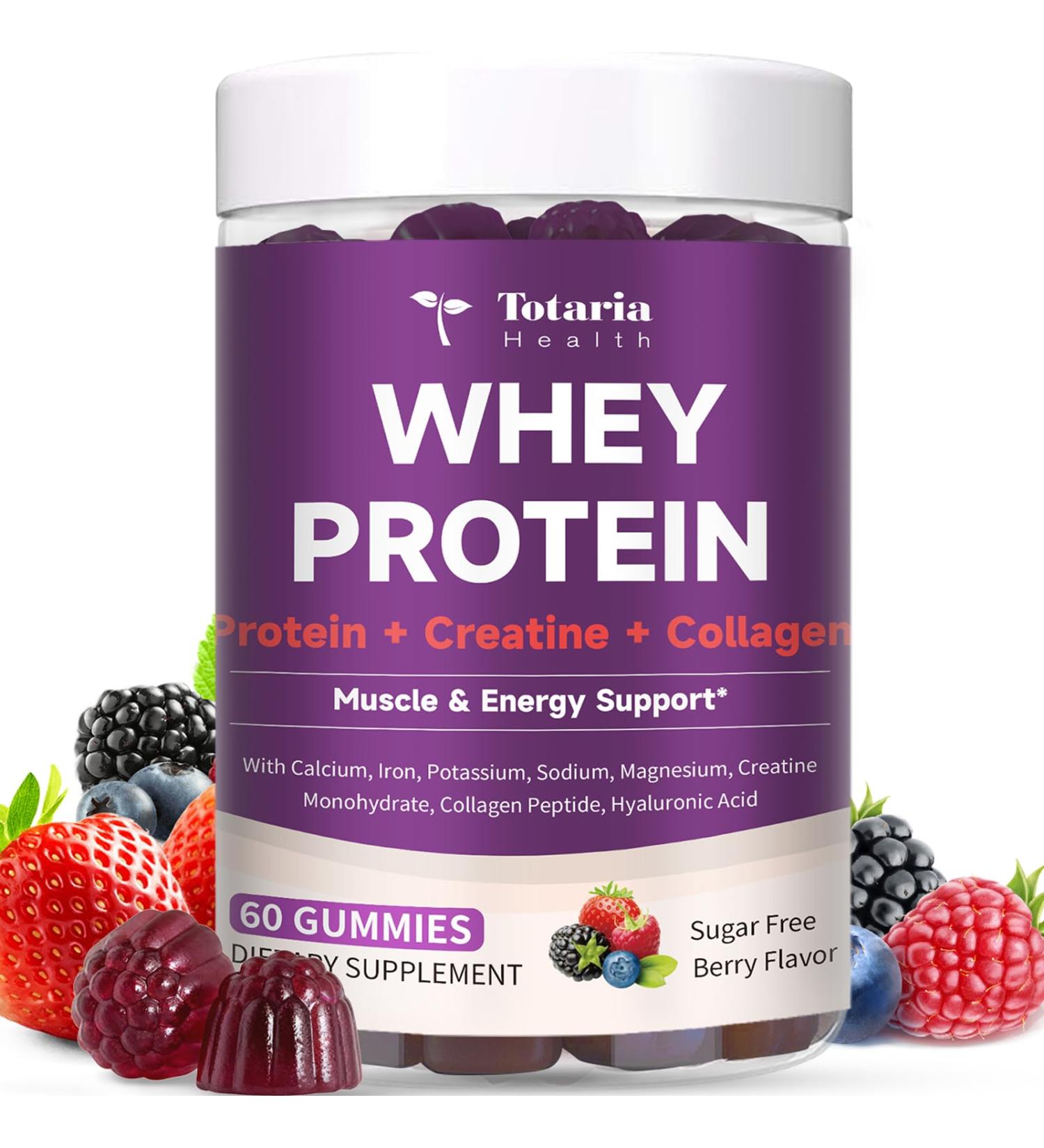 3 in 1 Whey Protein Gummies | Creatine Monohydrate | Collagen 0 Sugar Pure Protein Source Muscle & Energy Support Berry Flavor for Women and Men - Buy Online on GoSupps.com