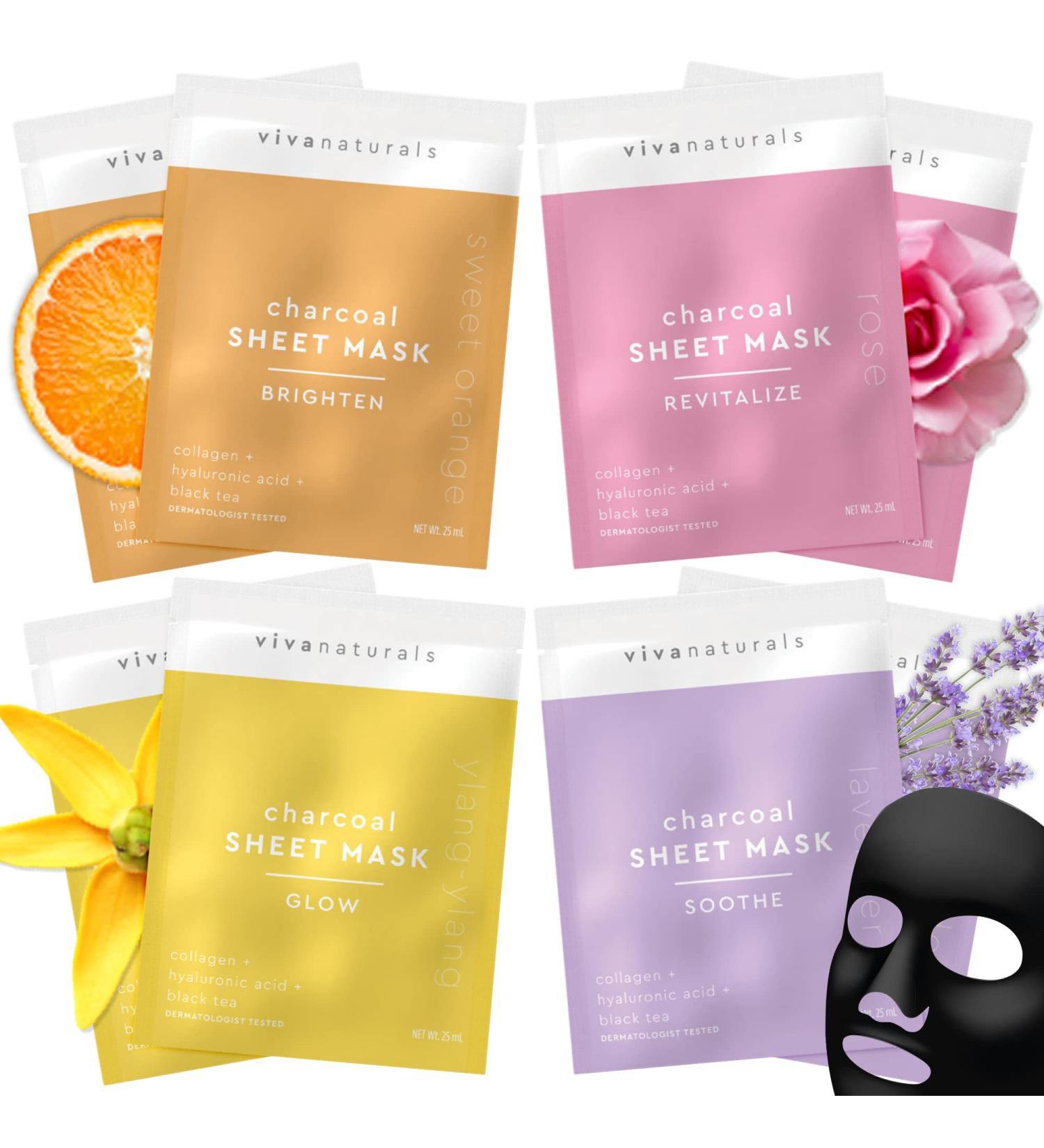Collagen & Hyaluronic Acid Facial Mask Set - 8 Sheet Masks for Glowing Skin | Charcoal Face Mask for Moisturizing and Brightening | Dermatologist Tested - Buy Online on GoSupps.com