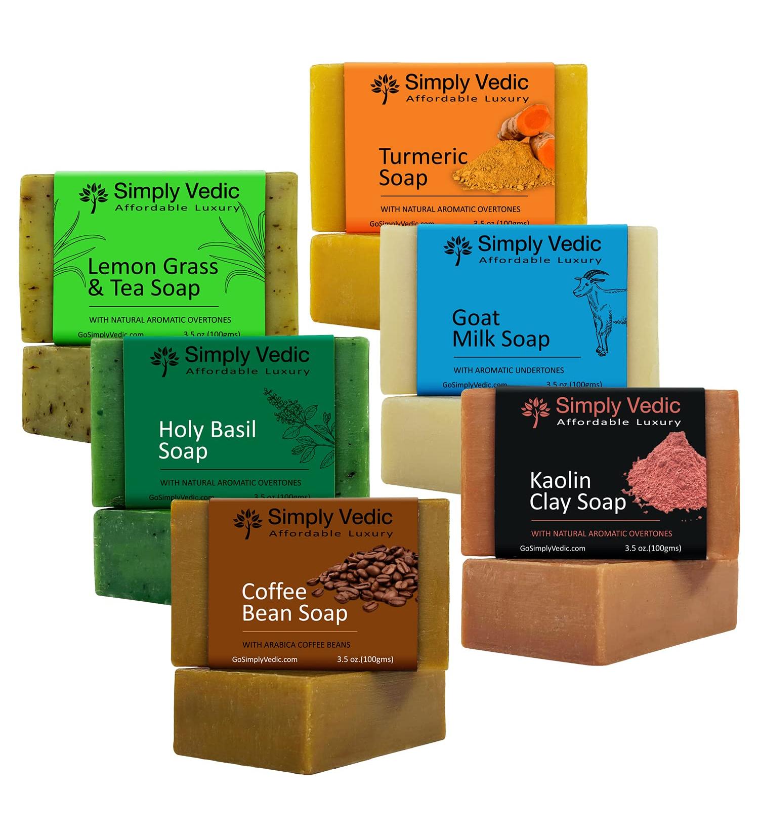 Simply Vedic 6-Pack Soap Bar Collection for Body Hand Face - Lemongrass, Tea, Holy Basil, Spiced Coffee, Turmeric, Goat Milk, Kaolin Clay - Cold Pressed Handmade for Men & Women (3.5 Oz. x 6) - Buy Online on GoSupps.com