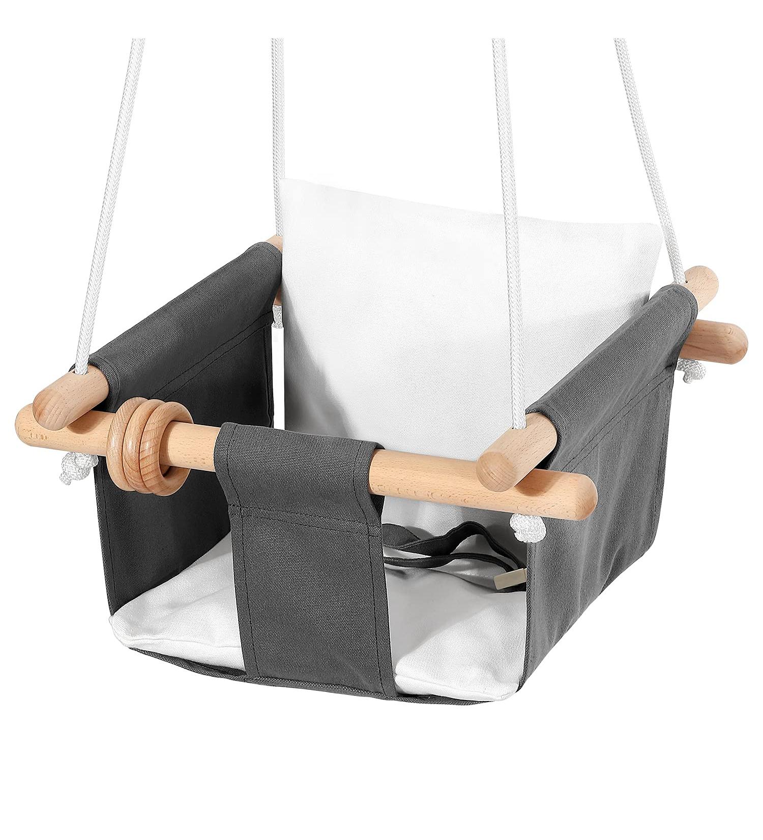 Milan Secure Canvas & Wooden Baby Hanging Swing Seat - Indoor & Outdoor Hammock for Kids 6-36 Months - Gray & White - Buy Online on GoSupps.com