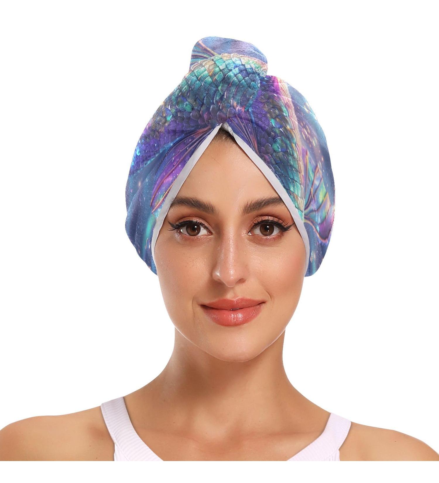 Buy Beautiful Shining Fish Hair Towel 2 Pack | Super Absorbent Quick Dry Hair Turbans for Women & Girls Perfect Head Towel with Button Twisty Wrap - Buy Online on GoSupps.com