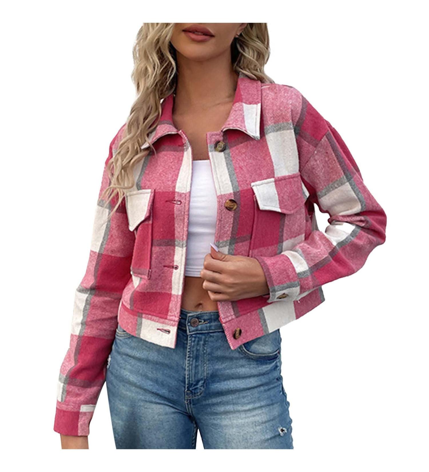Women's Short Plaid Vintage Cardigan Jacket Tops Hot Pink Medium - Buy Online on GoSupps.com