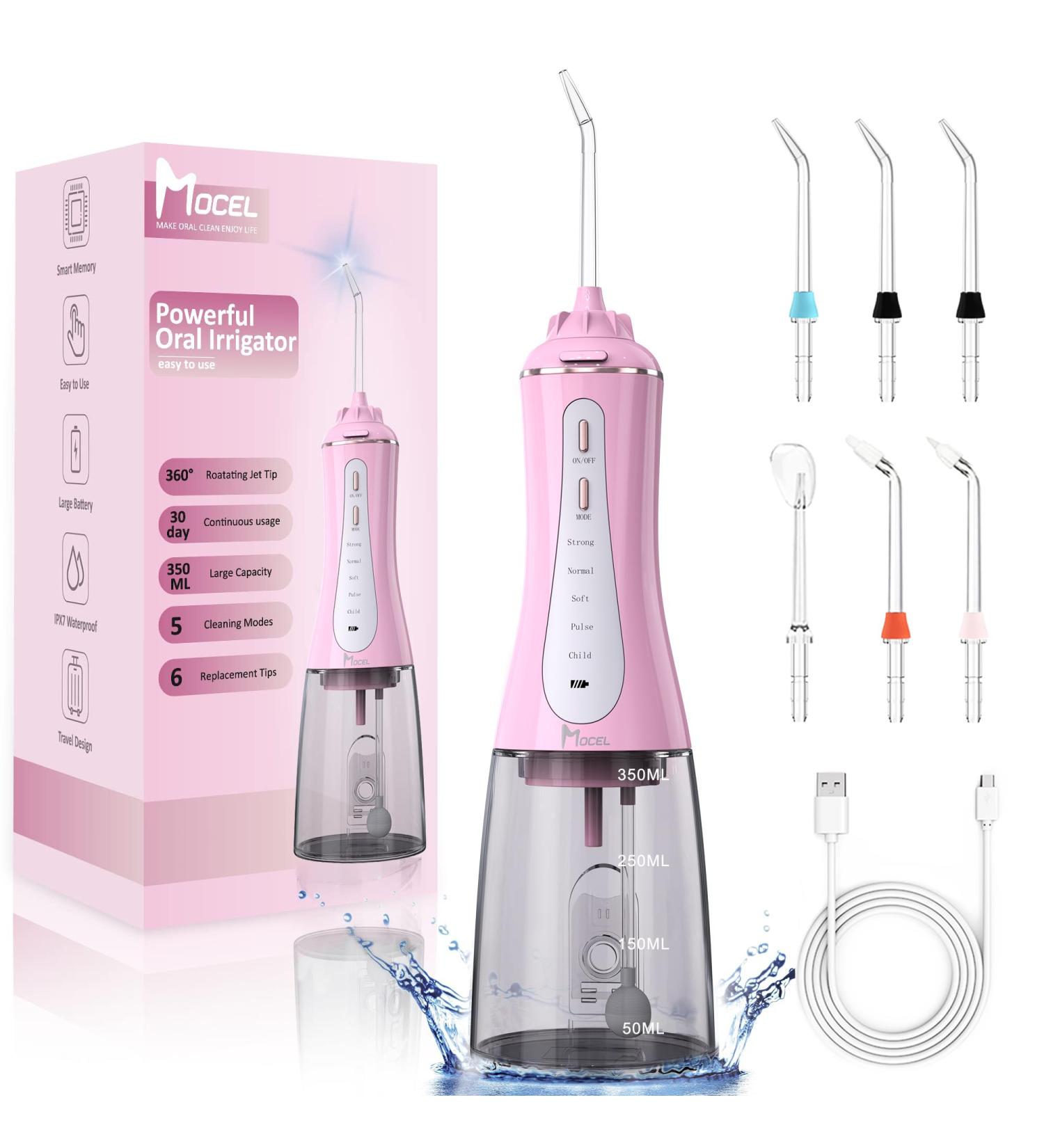Water Dental Flosser - Cordless Teeth Cleaning MOCEL | 5 Modes Oral Irrigator | Portable USB C Rechargeable | IPX7 Waterproof | Perfect for Home & Travel (Pink - Buy Online on GoSupps.com