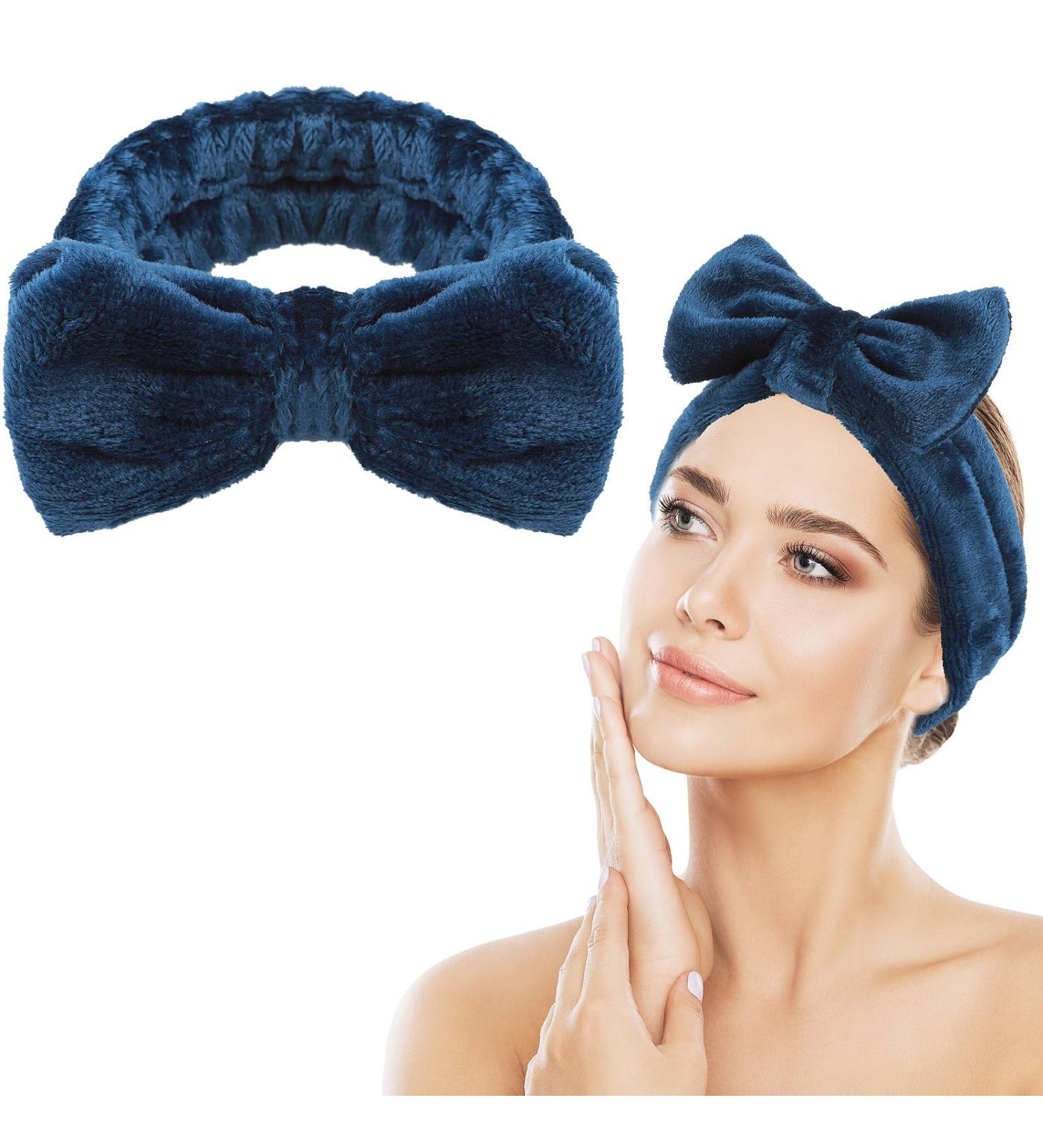 Spa Bowknot Headband for Women - Coral Fleece Makeup Hair Band Elastic Cosmetic Headband Wide Clamp for Shower & Skin Care (Blue) - Shop Internationally - Buy Online on GoSupps.com