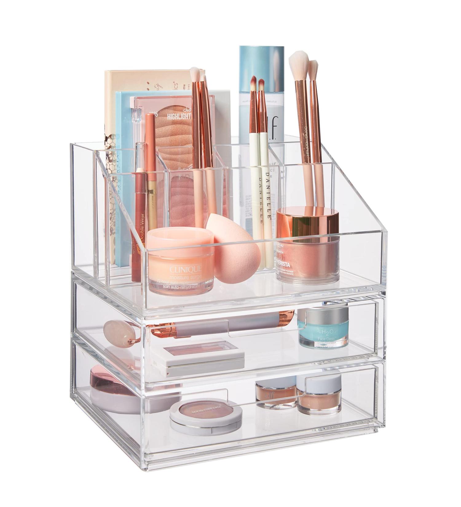 STORi Chloe Clear Makeup Holder + Double Drawer Organizer | Organize Cosmetics | Made in USA - Buy Online on GoSupps.com