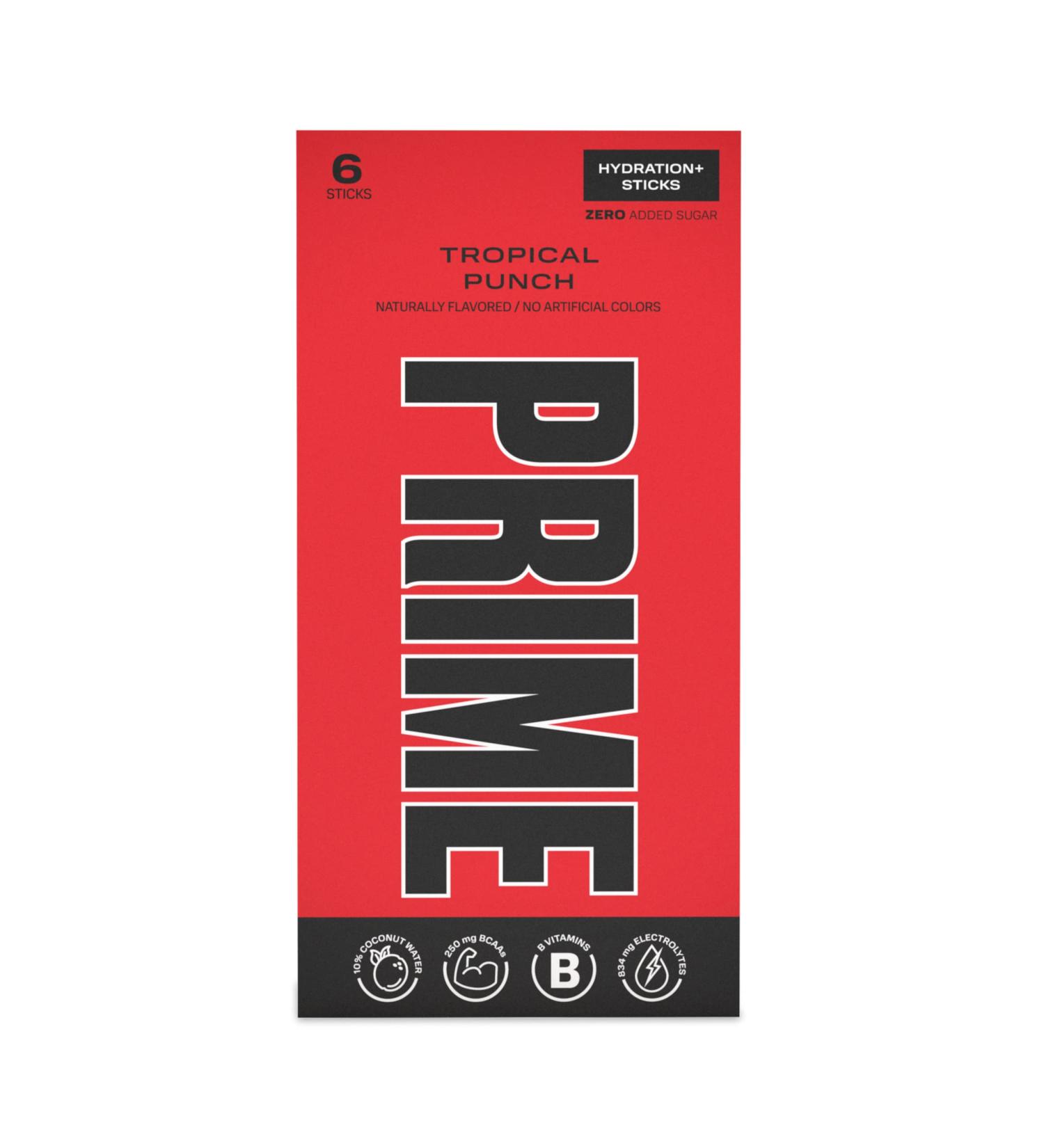 Prime Hydration+ Stick Pack - Tropical Punch Electrolyte Drink Mix with Coconut Water, BCAAs, Antioxidants & Zero Sugar - 6 Single-Serving Sticks - Buy Online on GoSupps.com