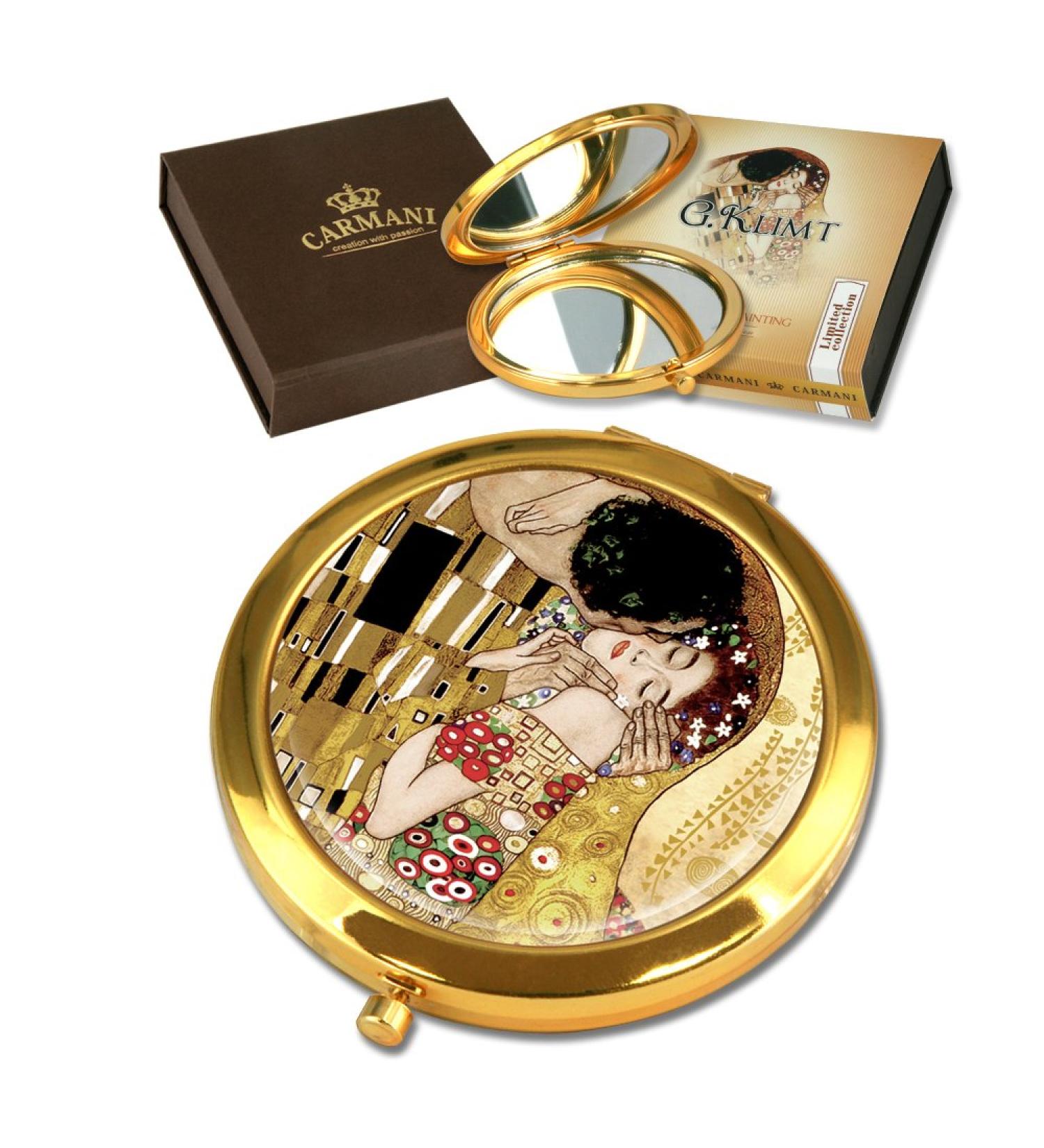 Carmani Gold Plated Bronze pocket compact travel Mirror decorated with Klimt 'The Kiss' painting - Buy Online on GoSupps.com