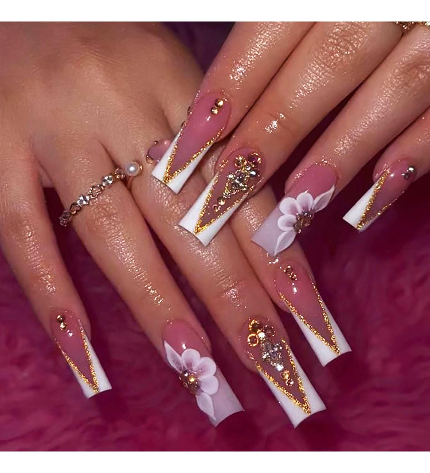 Light Luxury French Tips Press on Nails with Rhinestones | Glossy Glitter Coffin Length Acrylic Nails - Full Cover Stick-On Nails for Women & Girls - Buy Online on GoSupps.com
