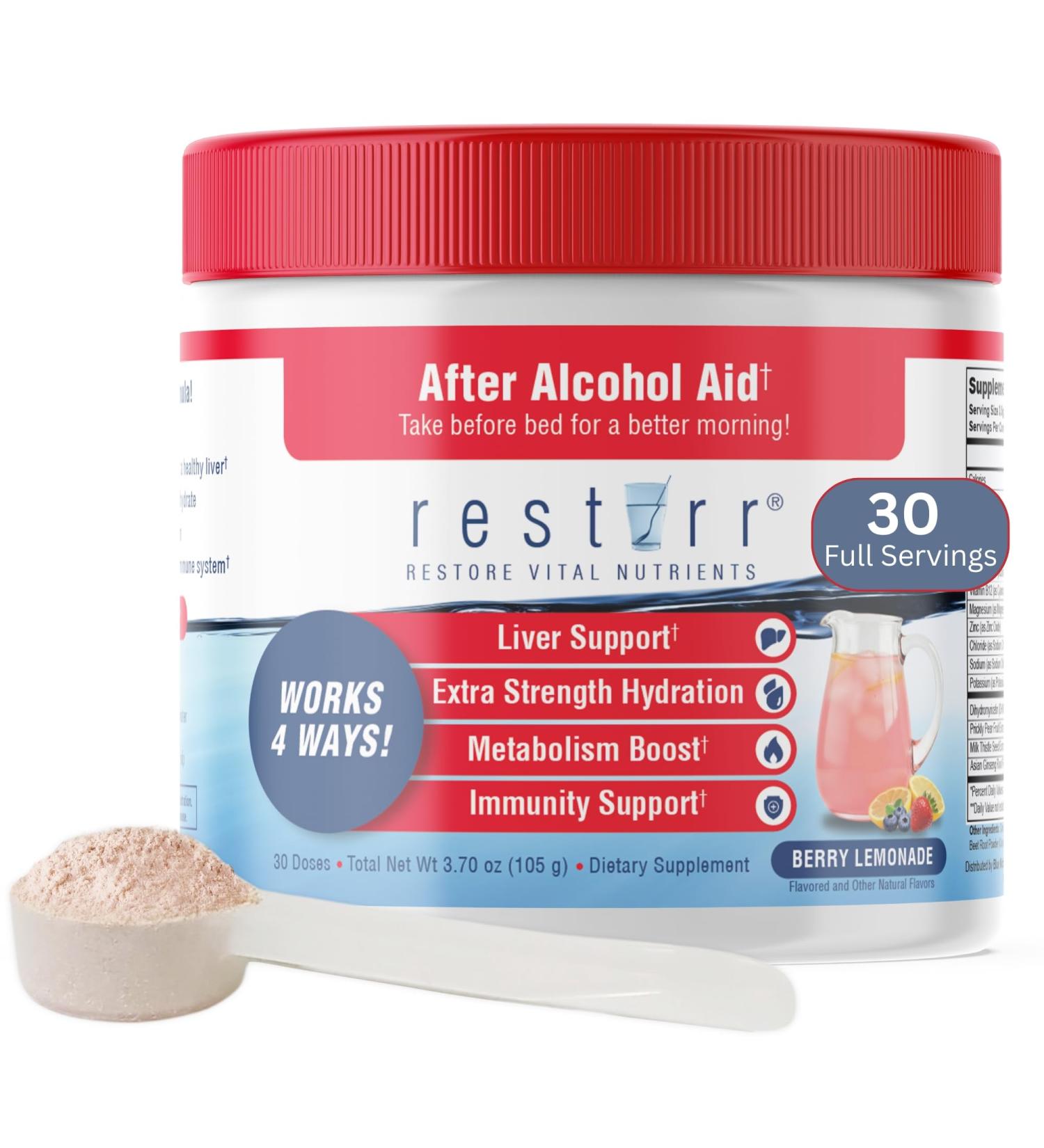 restirr After Alcohol Aid & Recovery: Supports Liver Health, Boosts Metabolism and Supports The Immune System with DHM, Milk Thistle, B-Complex, Hydration. 30 Doses Berry Lemonade 3.7 Ounce (Pack of 1) - Buy Online on GoSupps.com