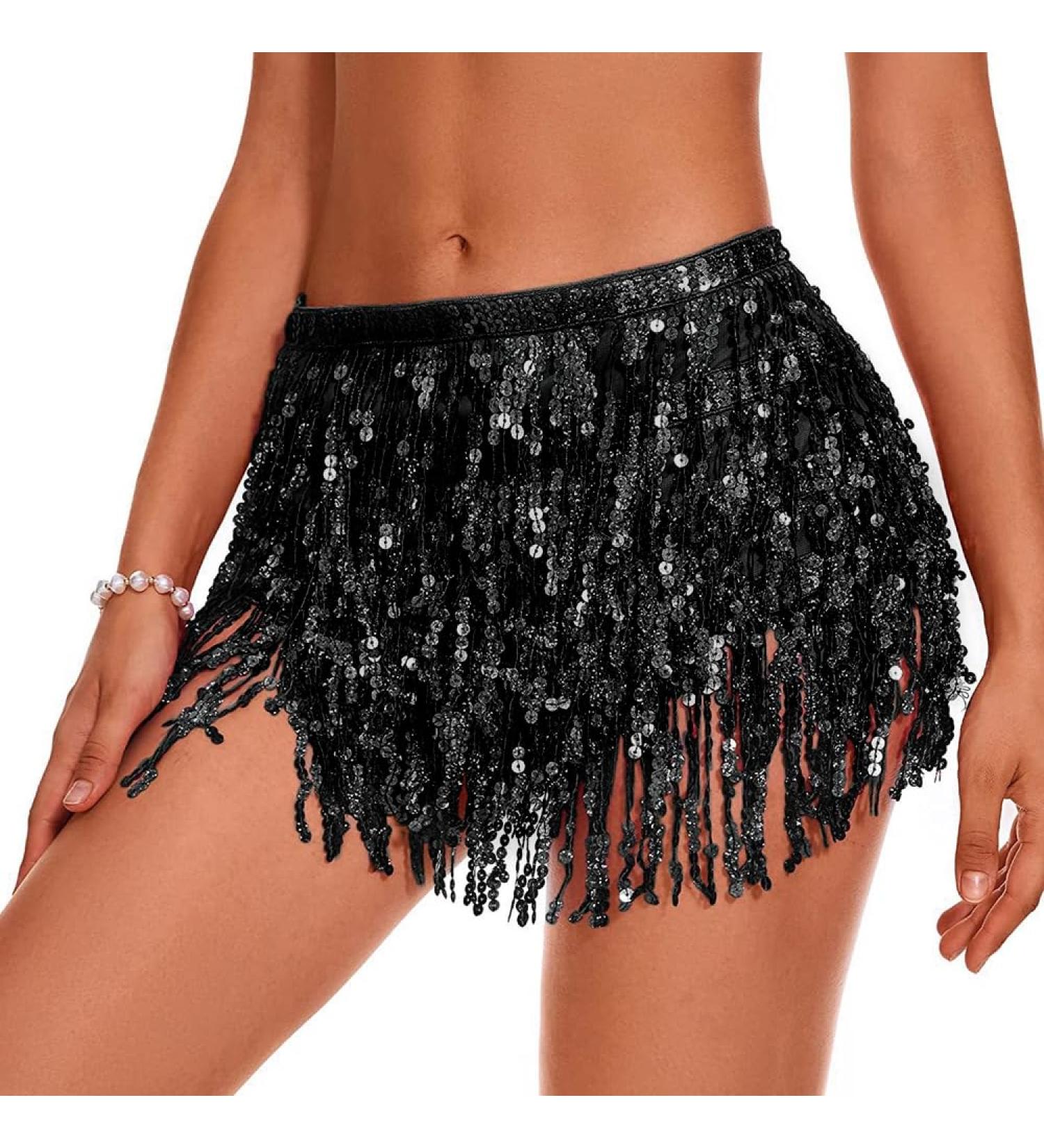 Buy QKEPCY Women's Sequin Fringe Skirt - Metallic Belly Dance Mini Rock for Carnival & Festivals - Stylish Black Quasten Design - Buy Online on GoSupps.com