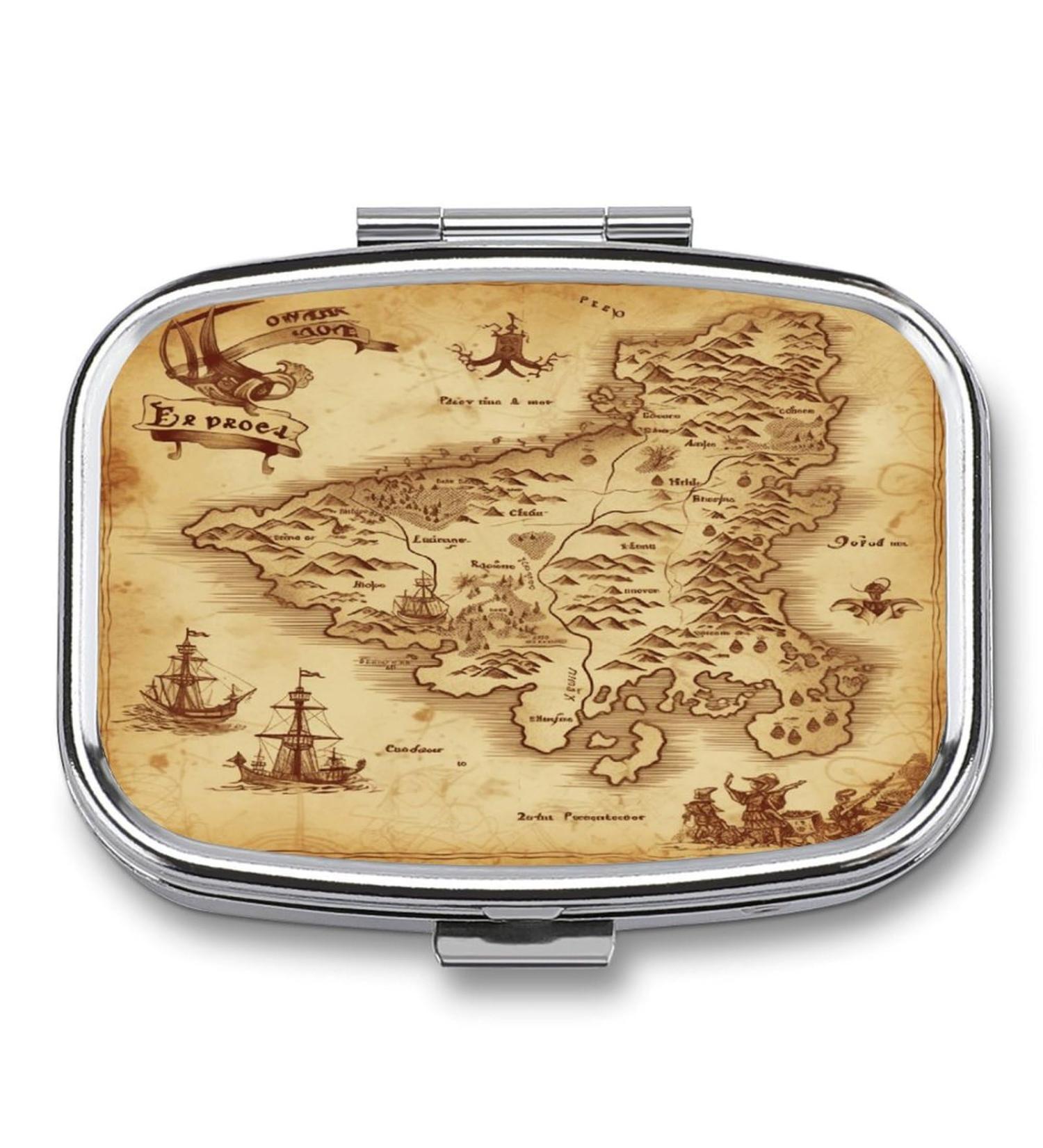 Vintage Treasure Map Pill Box - 2 Compartment Decorative Metal Pill Organizer for Travel | Portable Medicine Case for Pocket & Purse - Buy Online on GoSupps.com