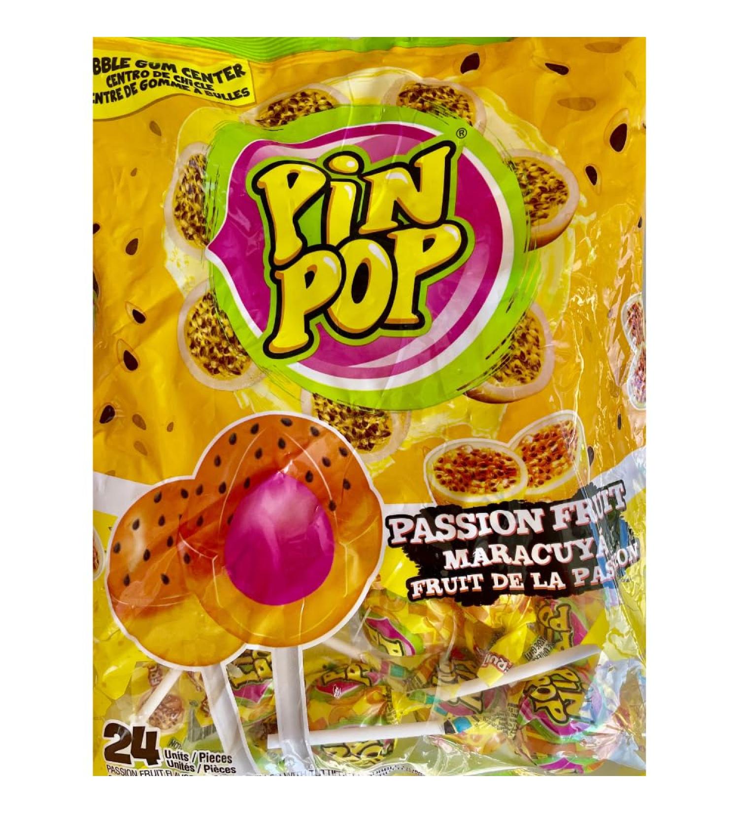 Pin Pop Passion Fruit Flavored Individually Wrapped Lollipops With a Chewy Bubble Gum Center. Each Package contains 24 pieces 408 grams