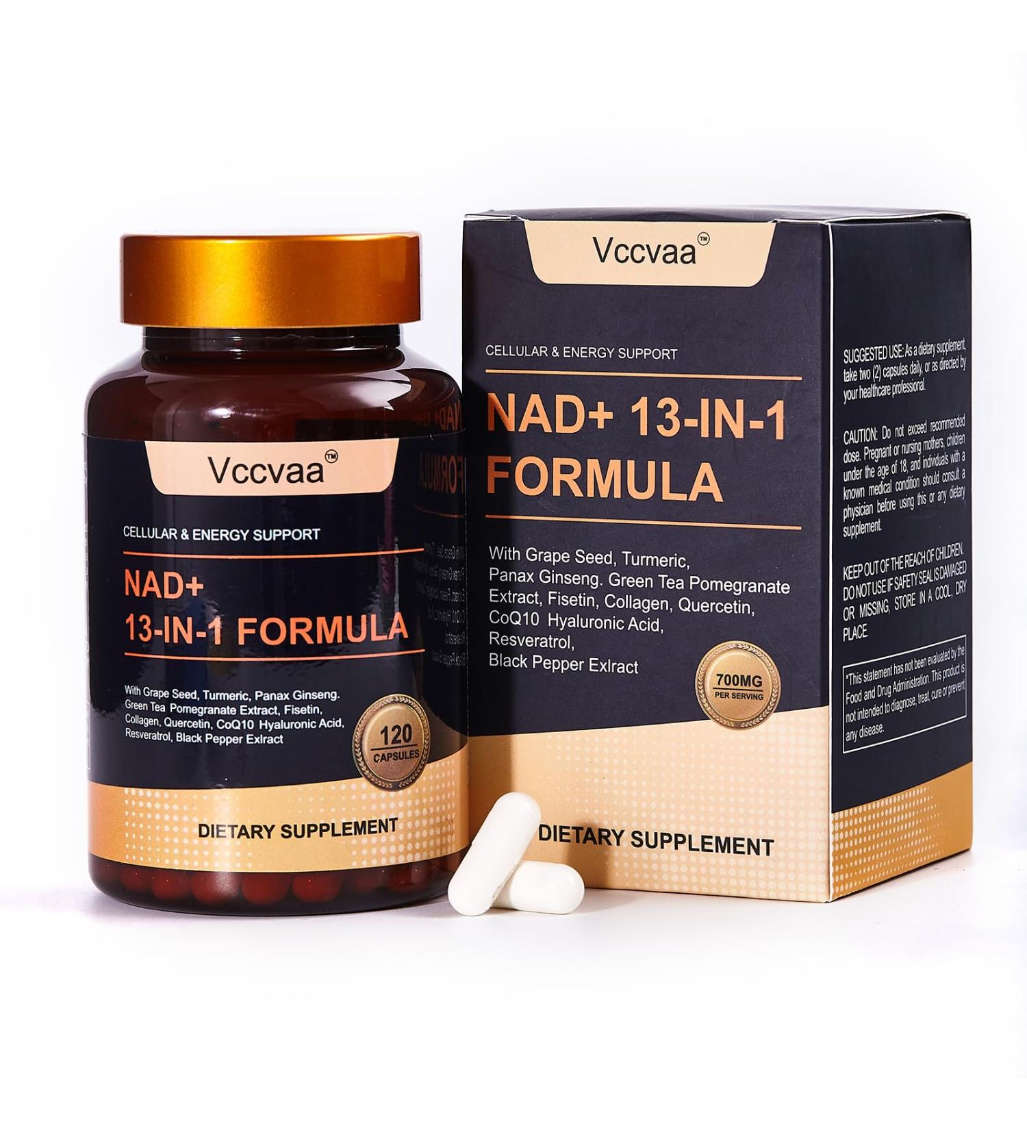 Vccvaa NAD Supplement with Resveratrol Nicotinamide Riboside Quercetin & CoQ10 Anti-Aging Support for Energy Focus Immune & Cellular Health 120 Capsules - Buy Online on GoSupps.com