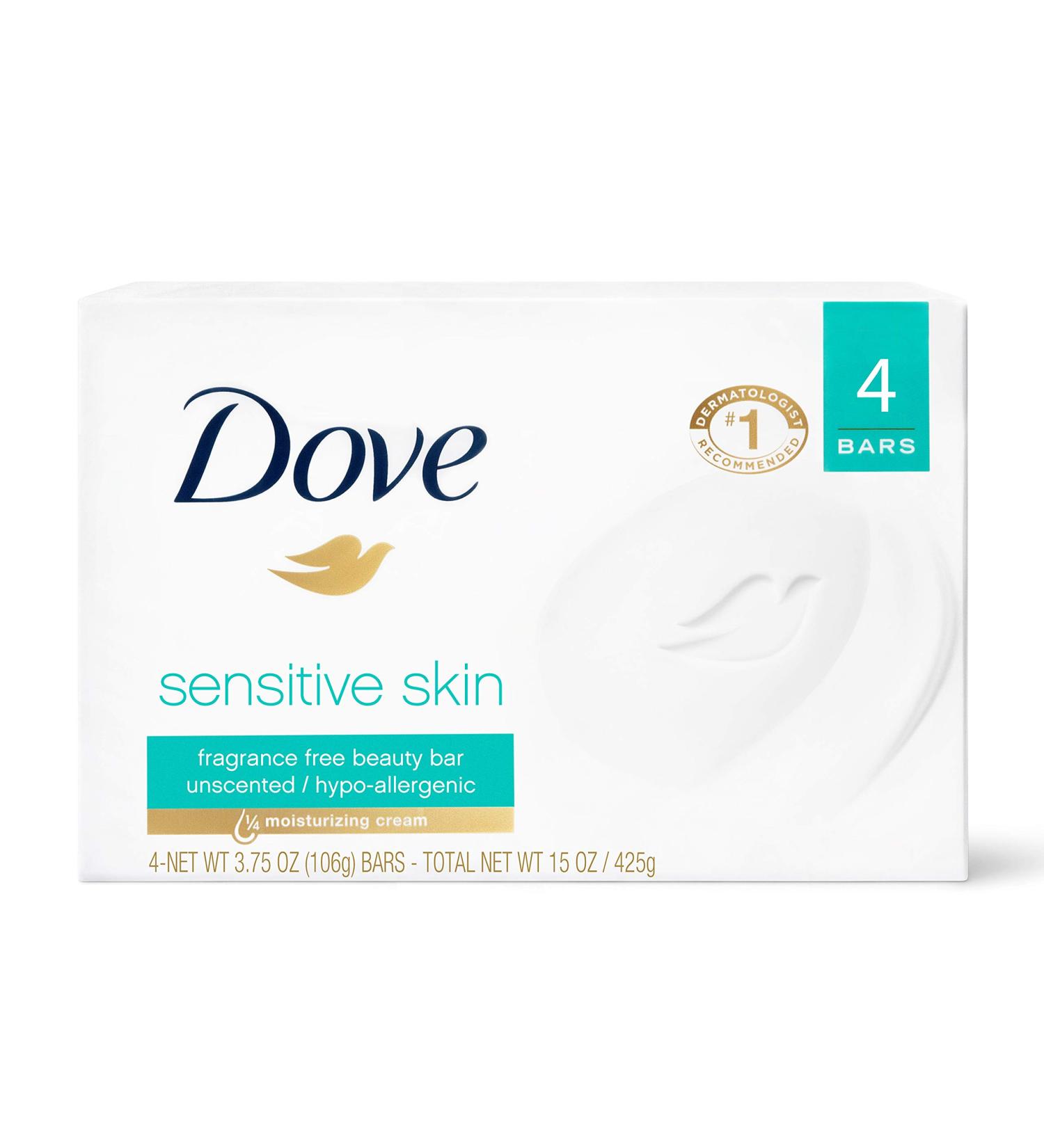 Dove Sensitive Skin Beauty Bar Soap - Fragrance Free, 4 x 3.75 oz Bars - Buy Online on GoSupps.com