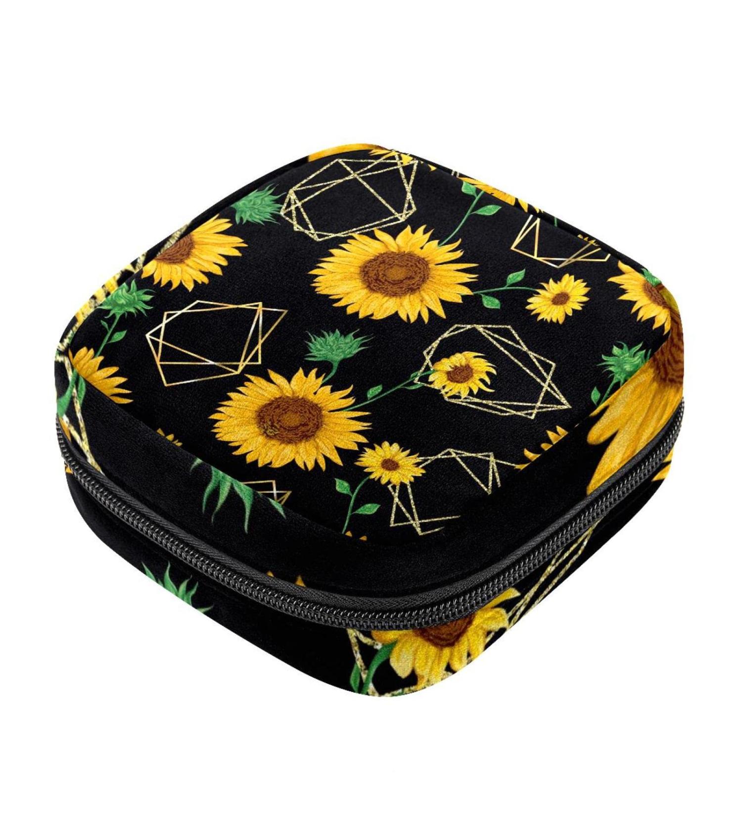 Menstruation Pad Bag with Zipper | Stylish Napkin & Tampon Collection Bag for Women & Girls | Golden Polygonal Shapes & Sunflowers - Buy Online on GoSupps.com