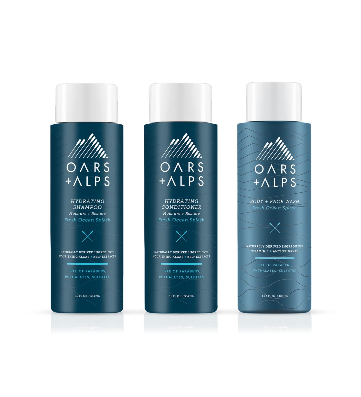 Oars + Alps Men's Sulfate-Free Shampoo Conditioner & Body Wash Kit | Moisturizing Skin Care with Kelp & Algae | Fresh Ocean Splash Scent - Shop Internationally - Buy Online on GoSupps.com