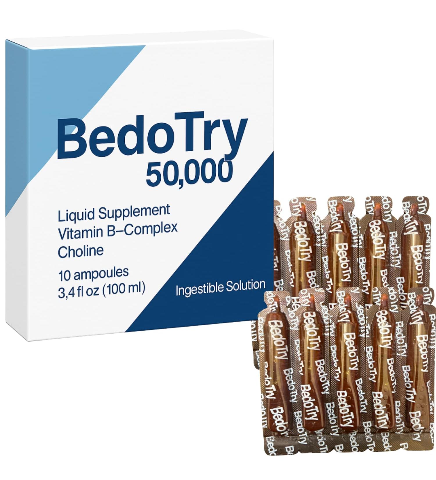 BedoTry 50 000 Liquid Vitamin B-Complex Supplement Bedotry Vitaminas Complejo B Ampolletas 10 Ampoules (3.4 fl oz) with Choline Supports Energy Metabolism & Nerve Health - Buy Online on GoSupps.com