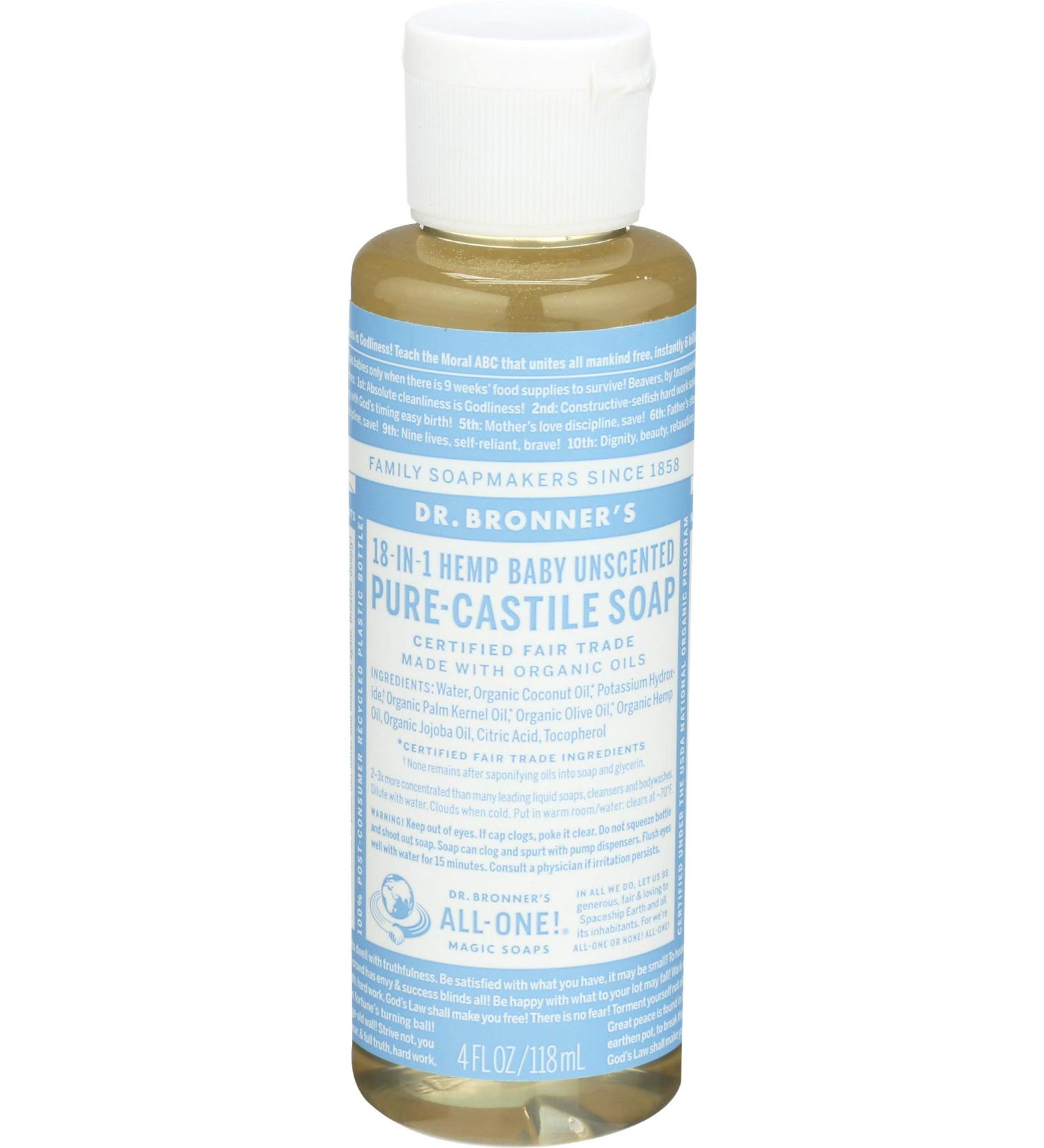 Dr. Bronner's Magic Soaps Pure Castile Soap - 18-in-1 Hemp Unscented Baby Mild (4 oz) - Natural & Organic International Shipping - Buy Online on GoSupps.com