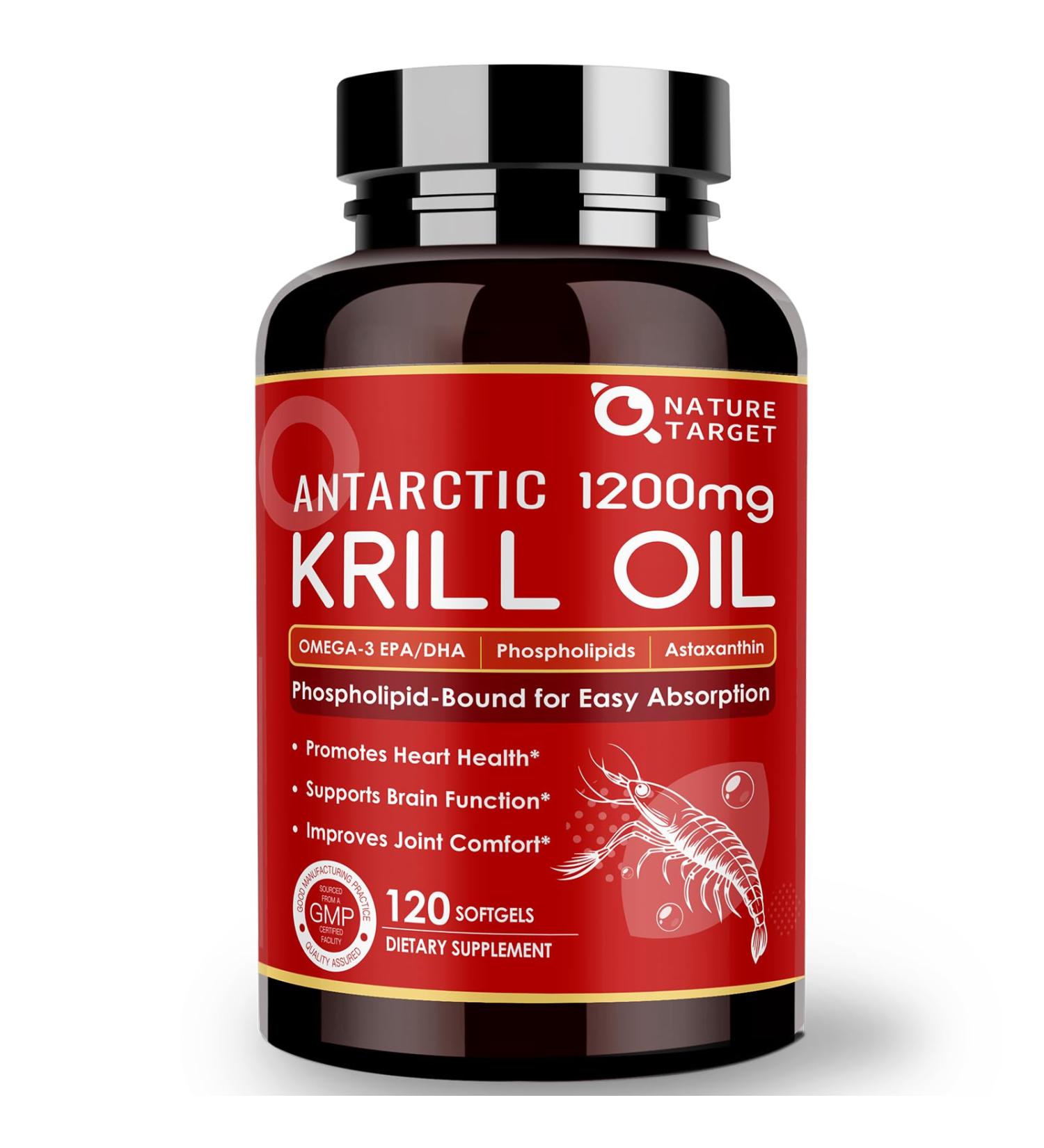 NATURE TARGET Krill Oil 1200mg with Omega-3 EPA & DHA with Astaxanthin Phospholipids & Choline - Supports Heart Brain Join Health Non-GMO Gluten Free 120 Softgels (60 Servings) 120 Count (Pack of 1) - Buy Online on GoSupps.com