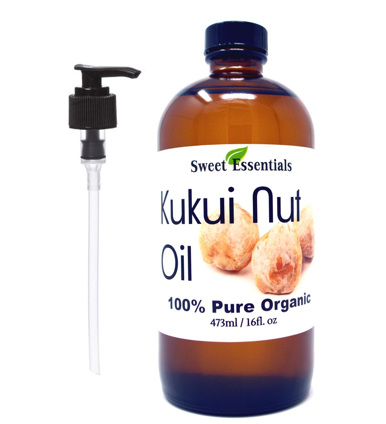 100% Organic Kukui Nut Oil | Imported From Hawaii | Various Sizes | 100% Pure | Cold-Pressed | Natural Moisturizer for Skin Hair and Face | By Sweet Essentials (16 fl oz Glass Bottle With Pump)