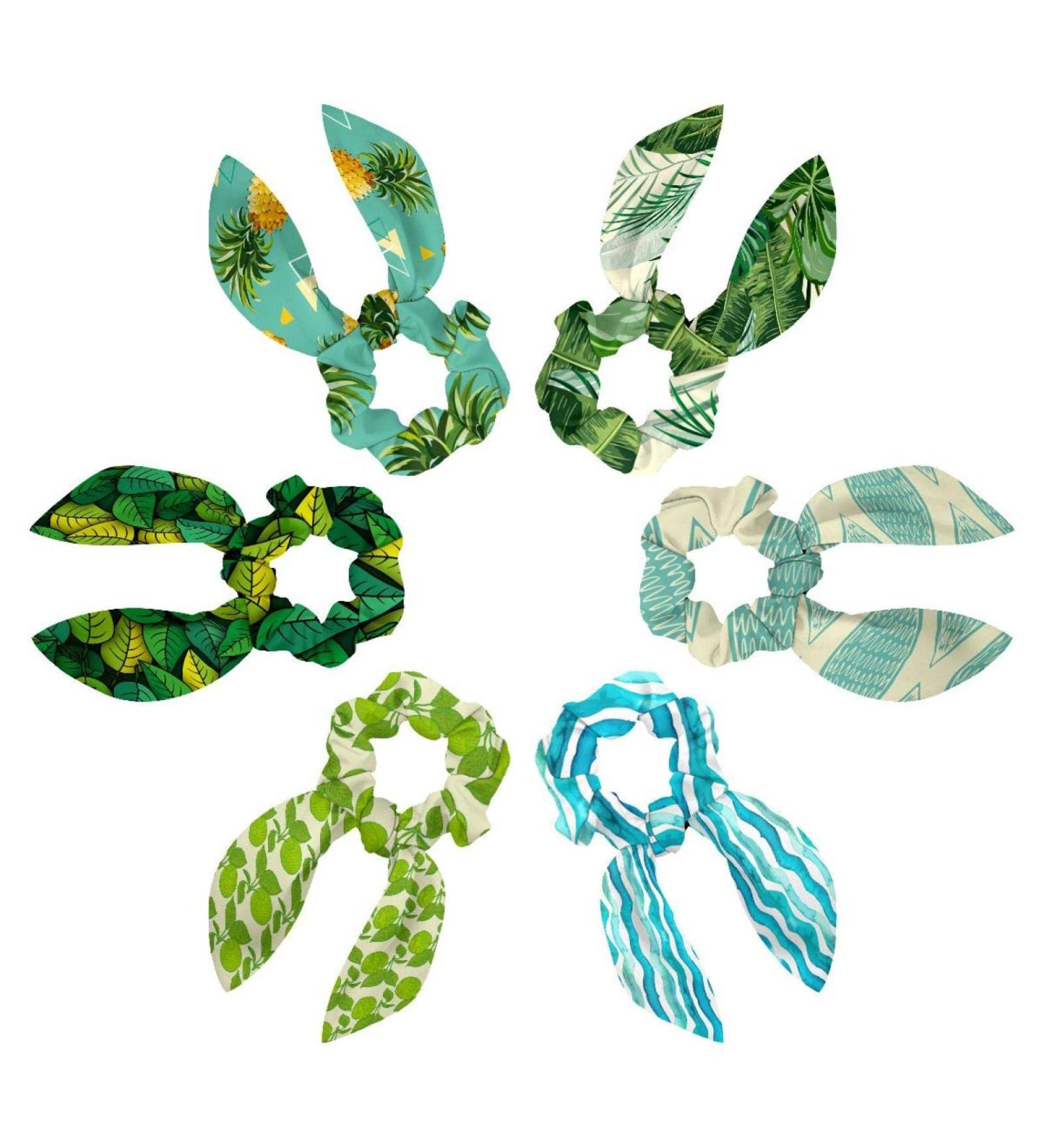 Bowknot Hair Scrunchies 6 Pack - Green Tropical Leaves Design | Hair Elastics Bands for Women - Buy Online on GoSupps.com